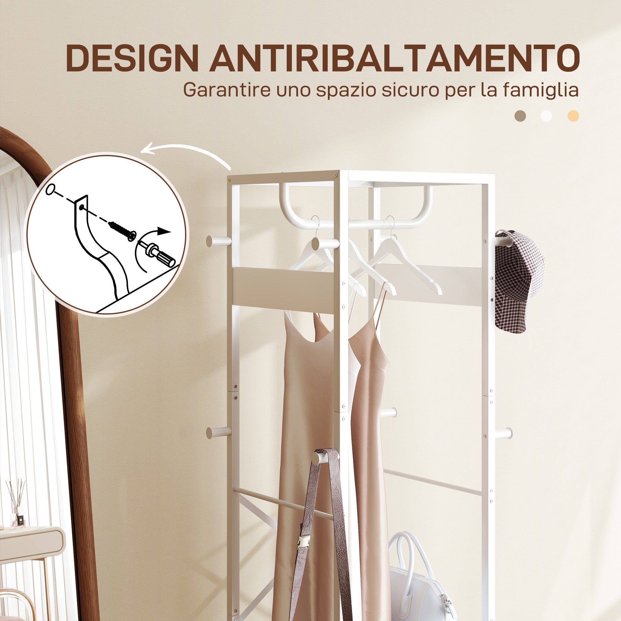 EasyComfort Appendiabiti da Terra - Vrijstaande kapstok met kledingstang en 2 open planken, 38.5x30x170 cm