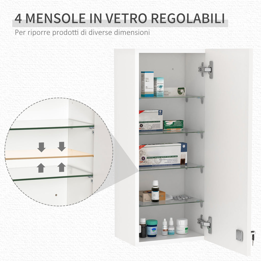 Easycomfort Armadietto Medicinali a Muro with Serratura, 5 Ripiani e Mensole Regolabili, in Legno e Vetro, white, 30x20x70cm
