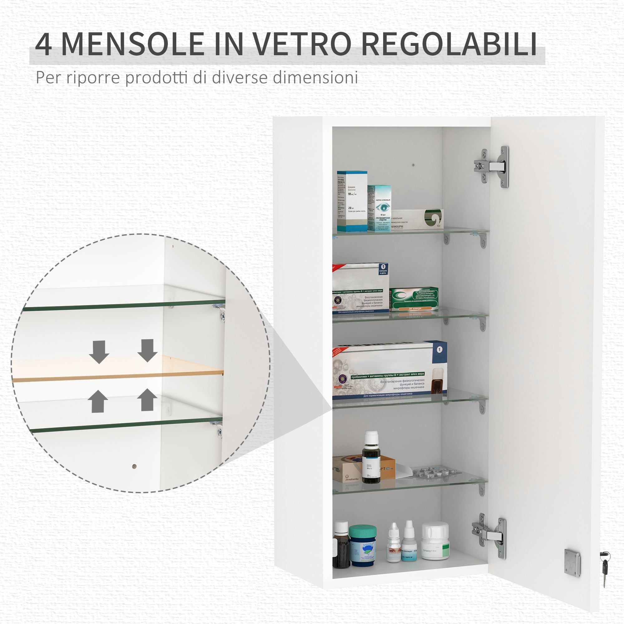 Easycomfort Armadietto Medicinali a Muro with Serratura, 5 Ripiani e Mensole Regolabili, in Legno e Vetro, white, 30x20x70cm