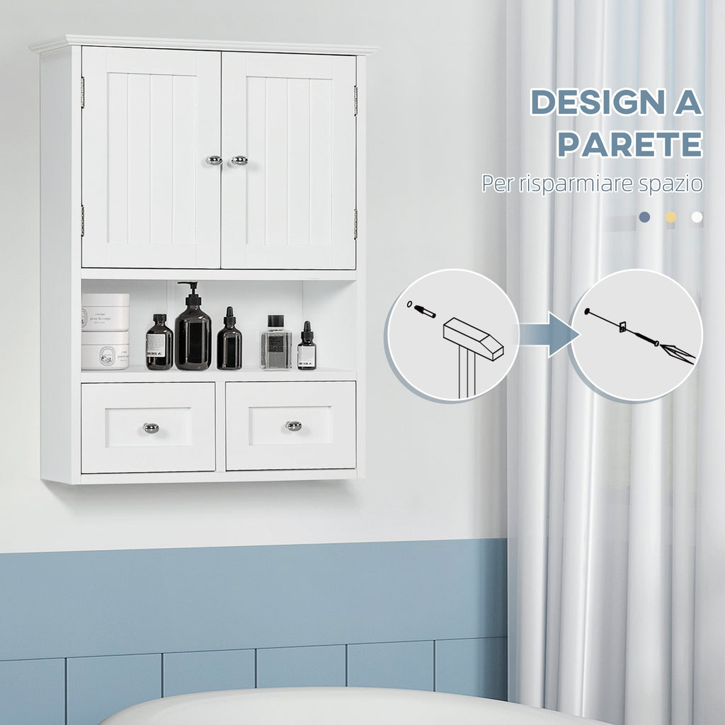 EasyComfort Armadietto Pensile Bagno a 2 Ante with Ripiano Aperto e 2 Cassetti in Legno, white