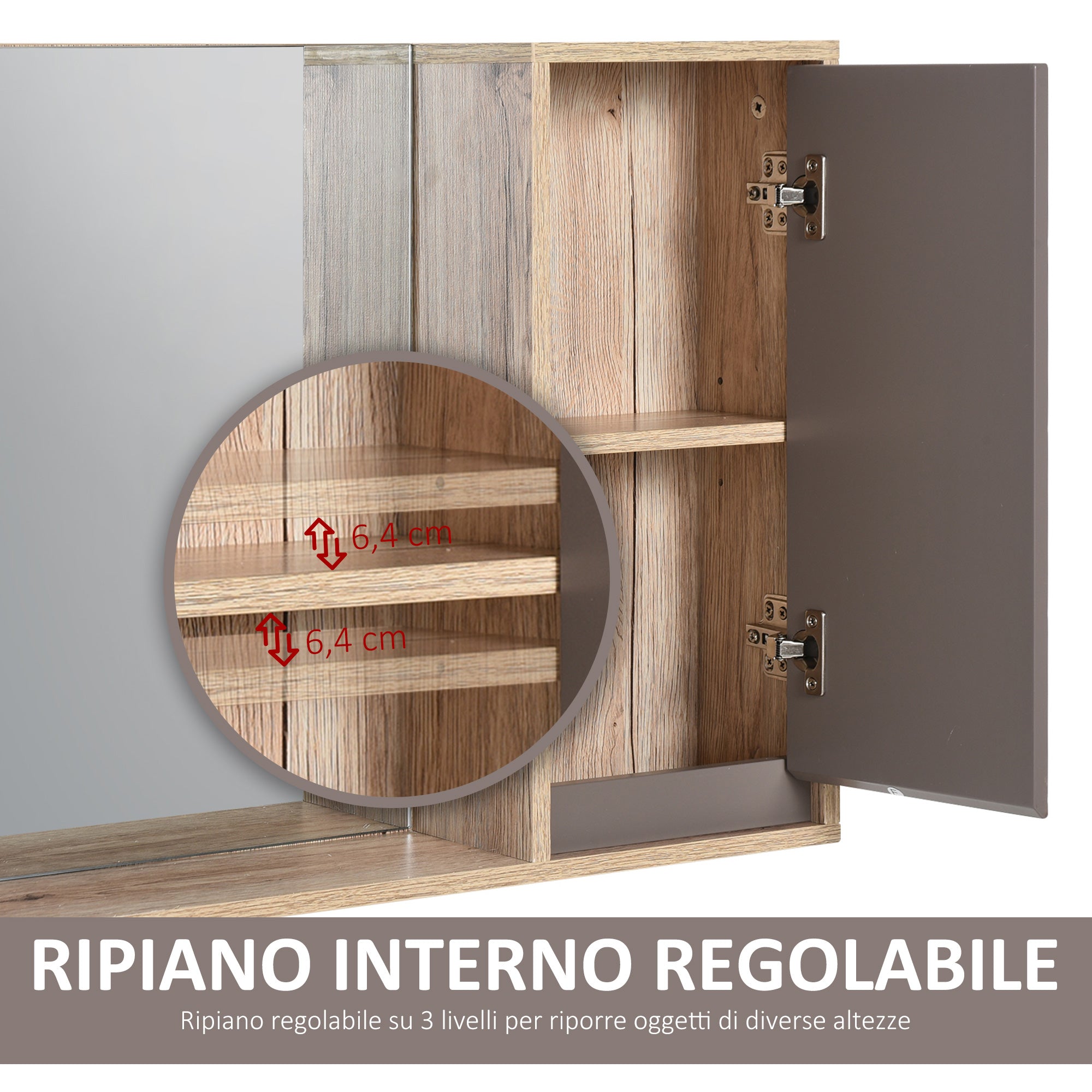 EasyComfort Mobiletto Bagno Salvaspazio da Bagno Sospeso with Specchio e Armadietto, incluso Ripiano Regolabile, Grigio e Rovere