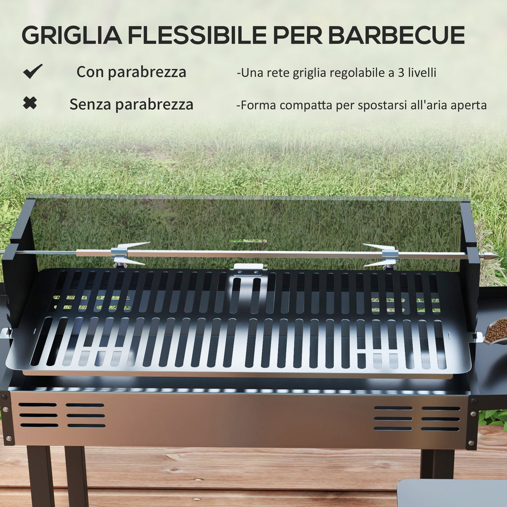 EasyComfort Barbecue a Carbone a 3 Livelli with Mensole Pieghevoli e Girarrosto, in Acciaio Inox, 118x32x90 cm, black