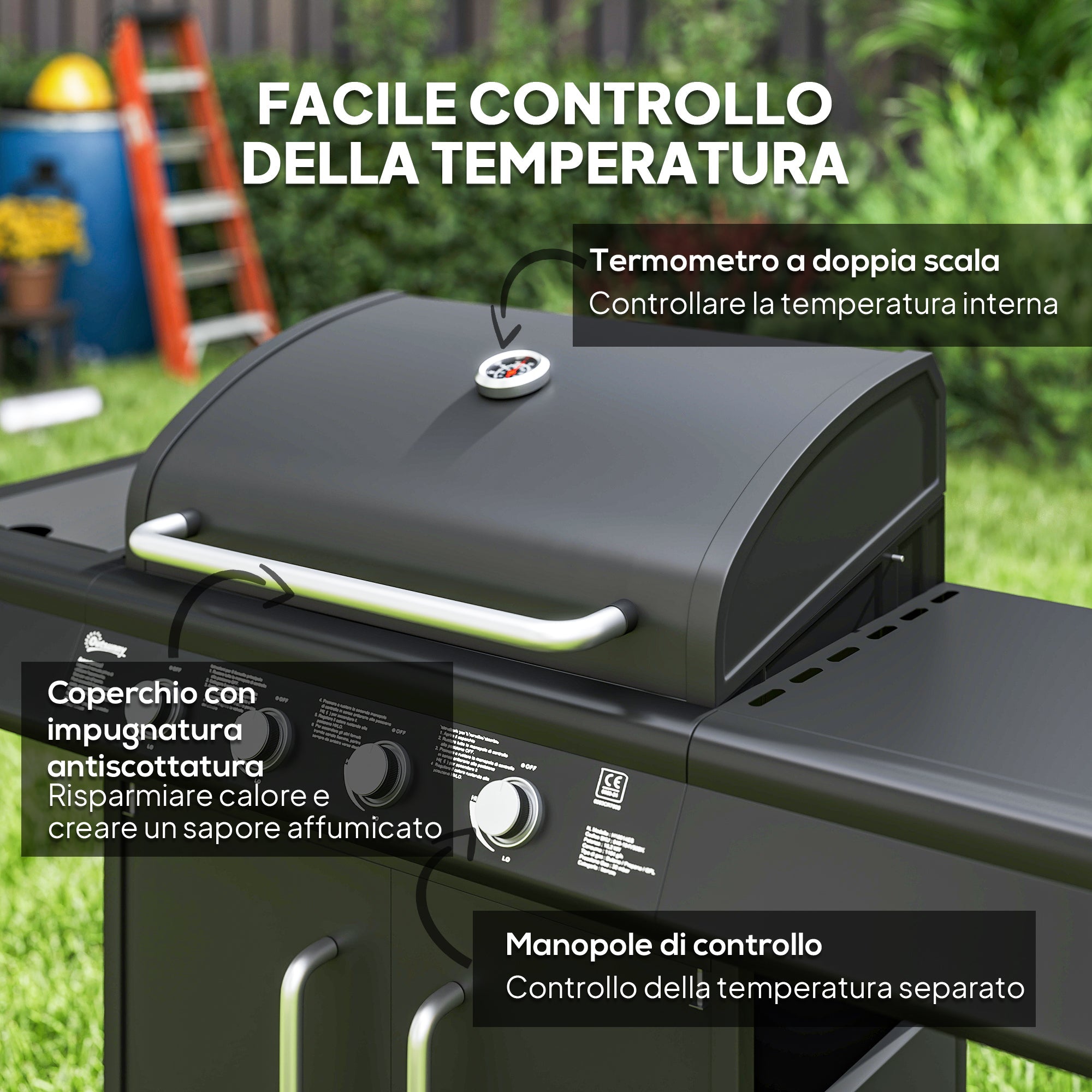 EasyComfort Barbecue a Gas with Fornello Laterale, Tavolino e Armadietto, in Acciaio e PP, 129.5x56x110 cm, black