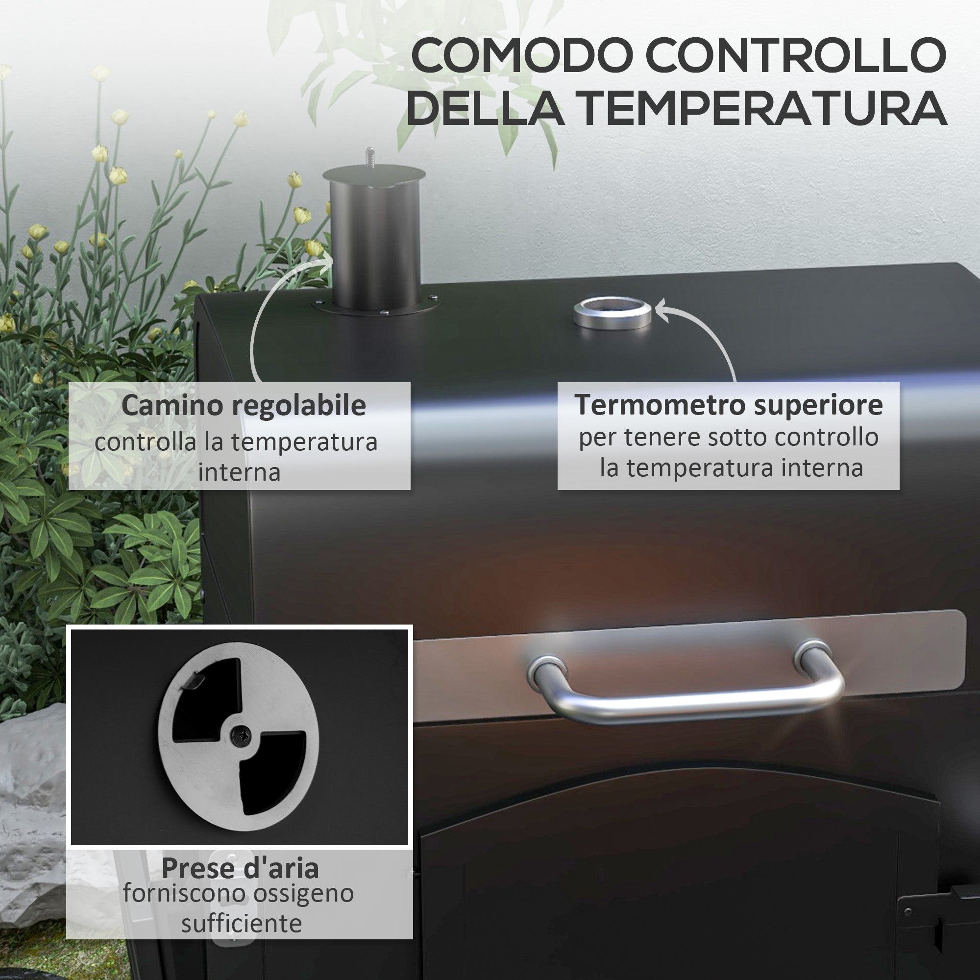 EasyComfort Barbecue da Giardino a 2 Ruote with Griglia, Affumicatore e Fornello, in Metallo e Ghisa, 124x66x112 cm, black
