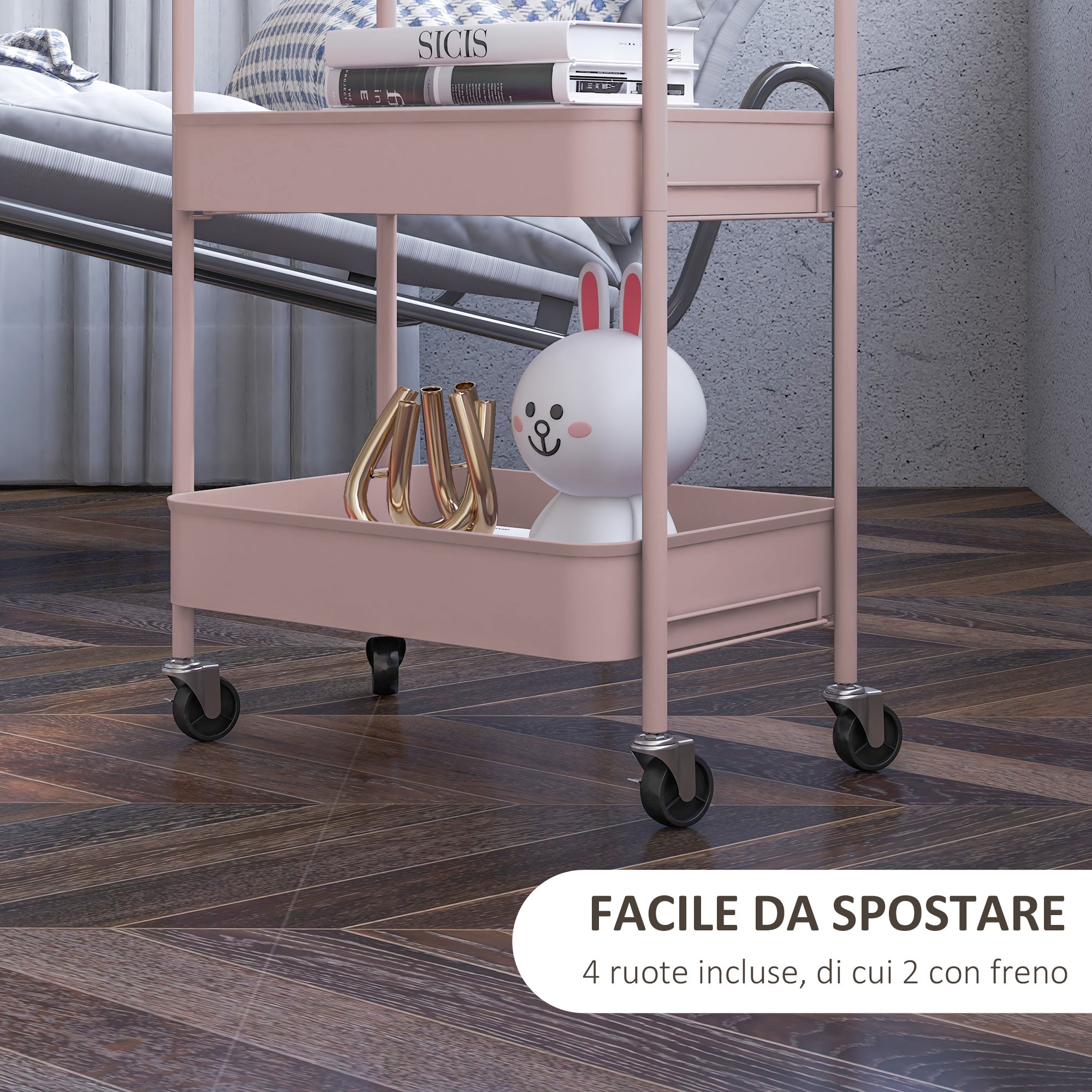 EasyComfort Keukentrolley 3 niveaus, staal, 45x30.6x79 cm, roze