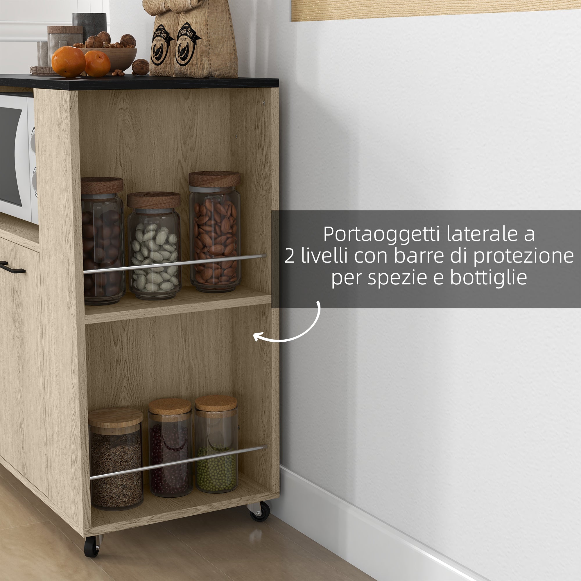 Easycomfort Carrello da Cucina in Truciolato with Ripiano Aperto, Armadietto a 2 Ante e Scaffale Laterale, 75x40x80.5 cm