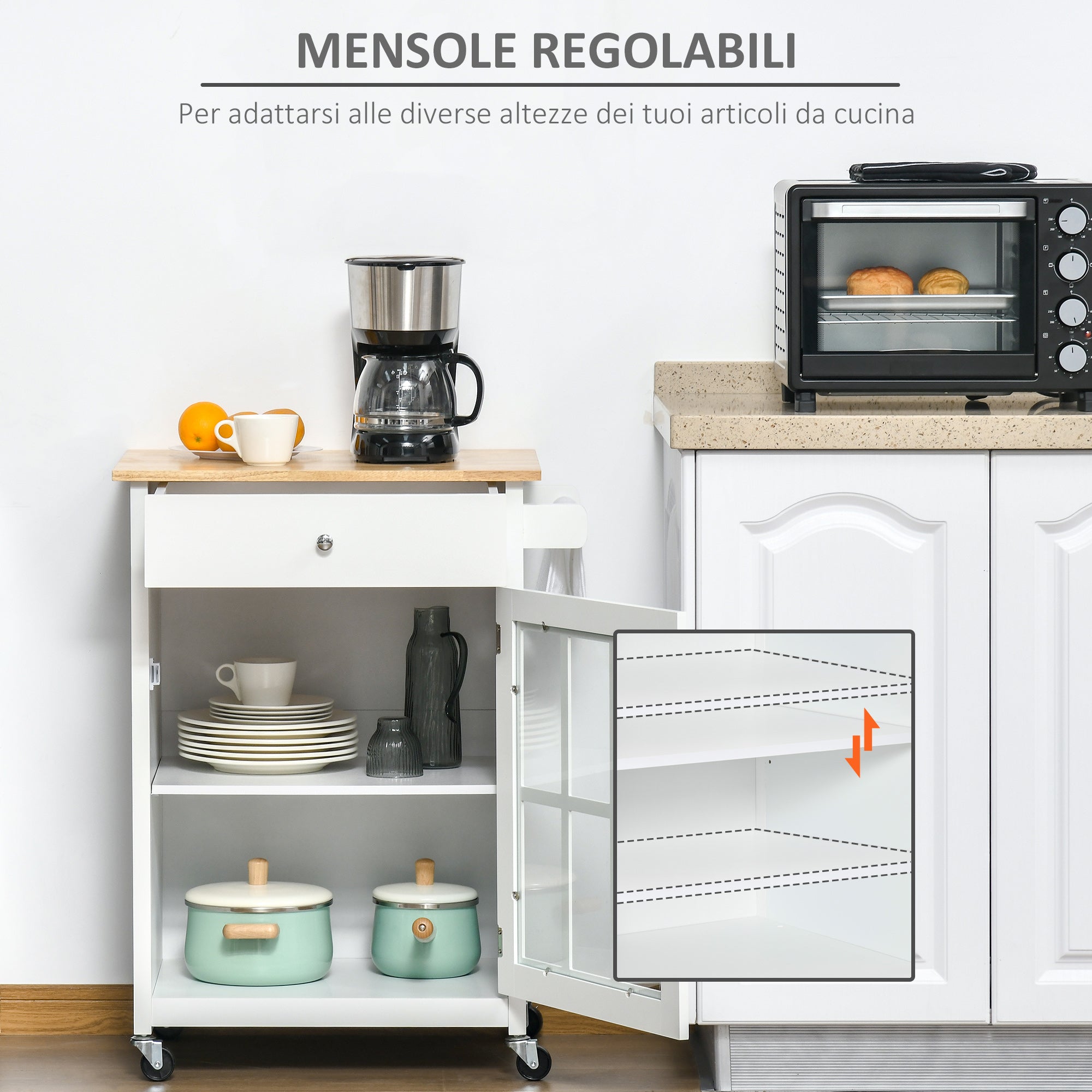 EasyComfort keukentrolley 67x48x86.5 cm, 4 wielen, wit/eiken