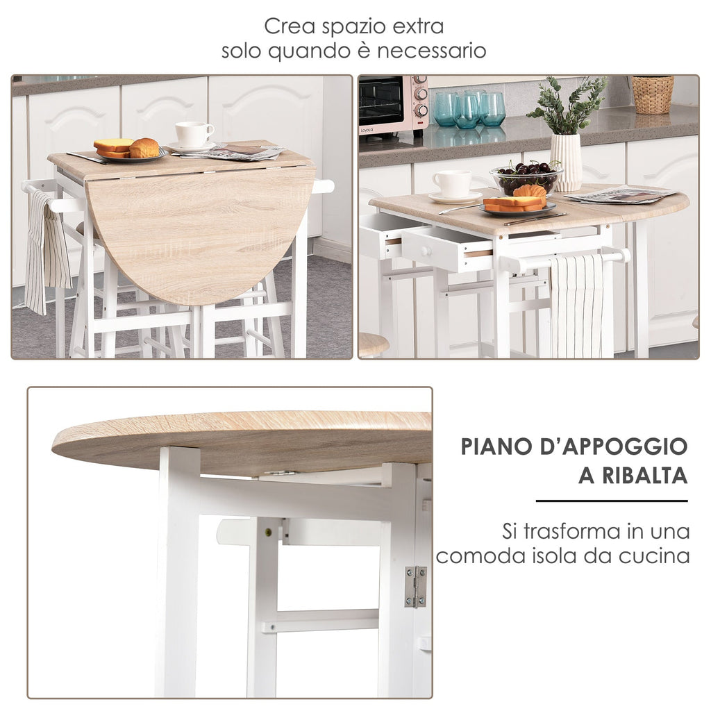 Easycomfort Carrello da Cucina Pieghevole, Mobile da Cucina Salvaspazio with 2 Sgabelli 2 Cassetti 5 Ruote (Rotazione 360°), Legno MDF white