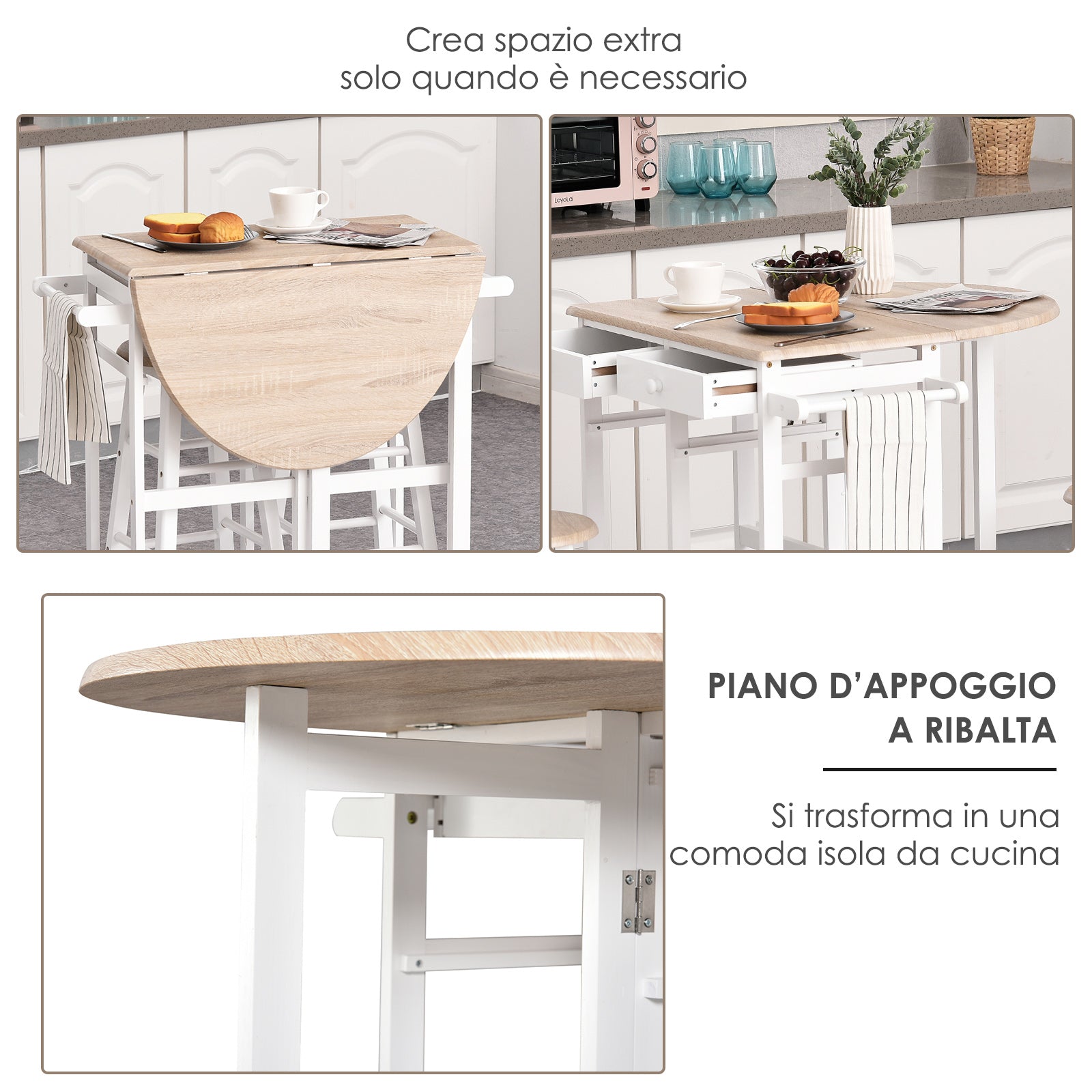 Easycomfort Carrello da Cucina Pieghevole, Mobile da Cucina Salvaspazio with 2 Sgabelli 2 Cassetti 5 Ruote (Rotazione 360°), Legno MDF white
