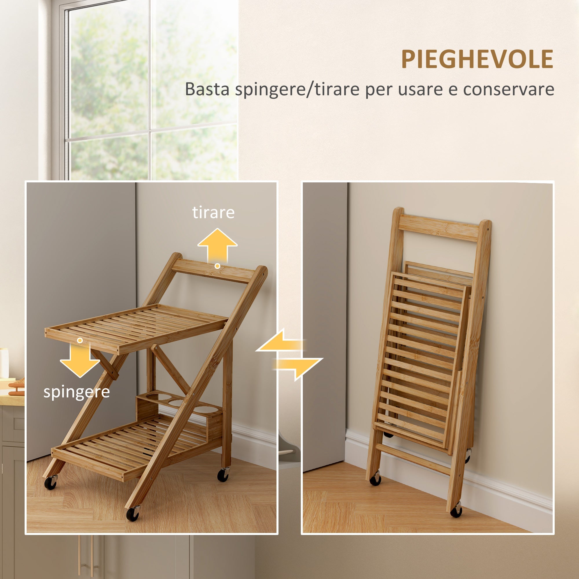 EasyComfort Carrello da Cucina Portavivande Pieghevole a 2 Livelli with Portabottiglie in Legno di Bambù