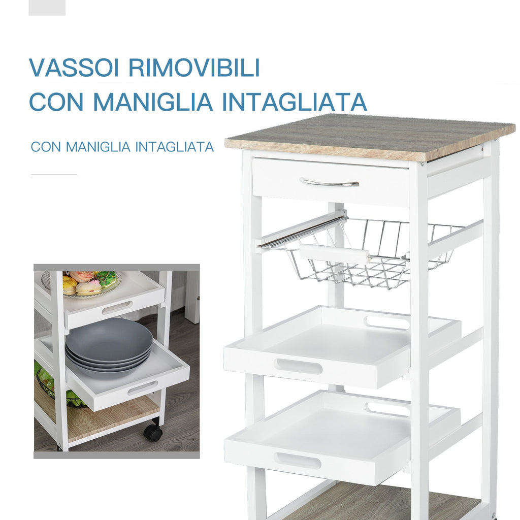 Easycomfort Carrello da Cucina Salvaspazio in Legno di Pino e MDF, Carrello Portaoggetti with Cassetto, Cestello, 2 Vassoi e 4 Ruote Universale, 37x37x82cm, white