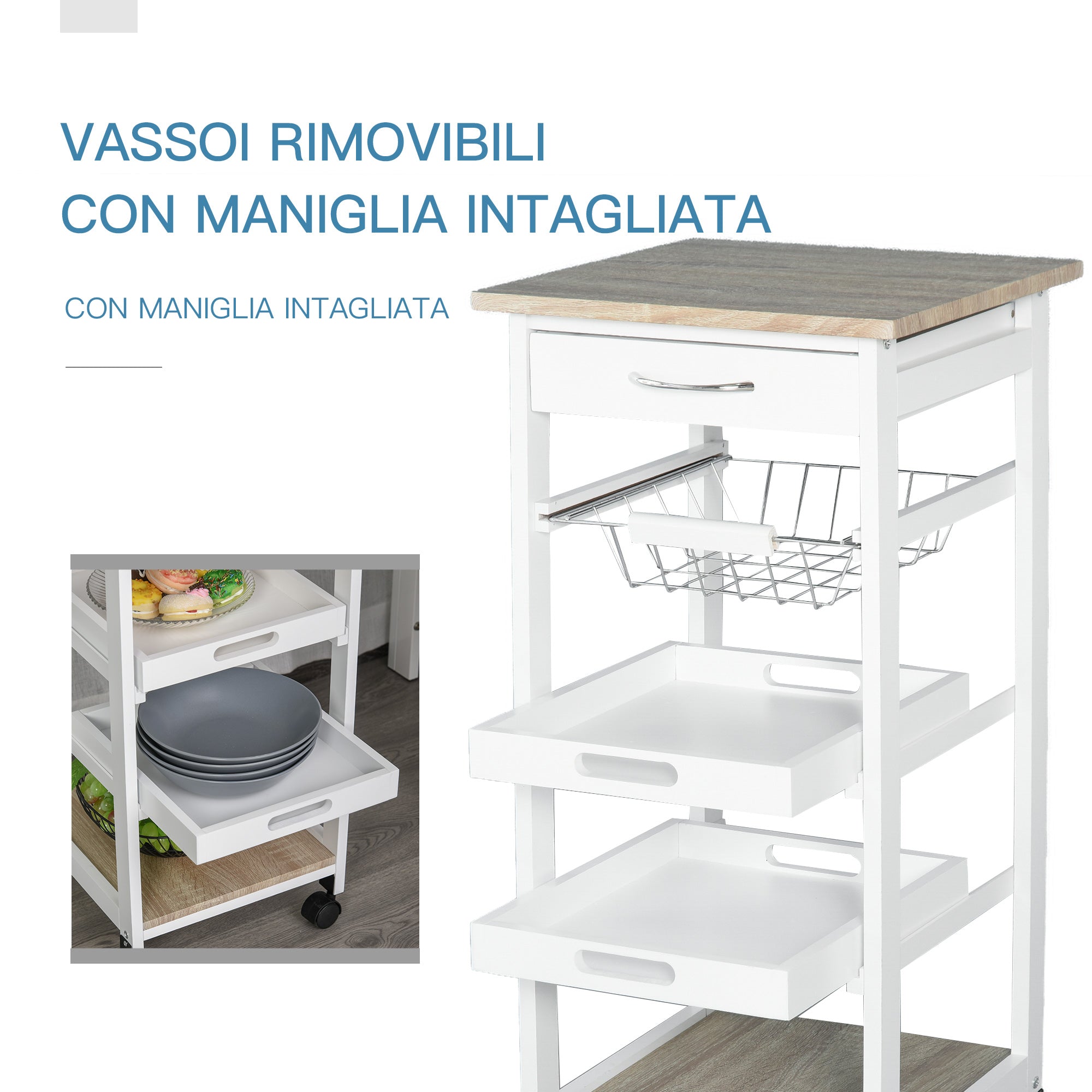 Easycomfort Carrello da Cucina Salvaspazio in Legno di Pino e MDF, Carrello Portaoggetti with Cassetto, Cestello, 2 Vassoi e 4 Ruote Universale, 37x37x82cm, white