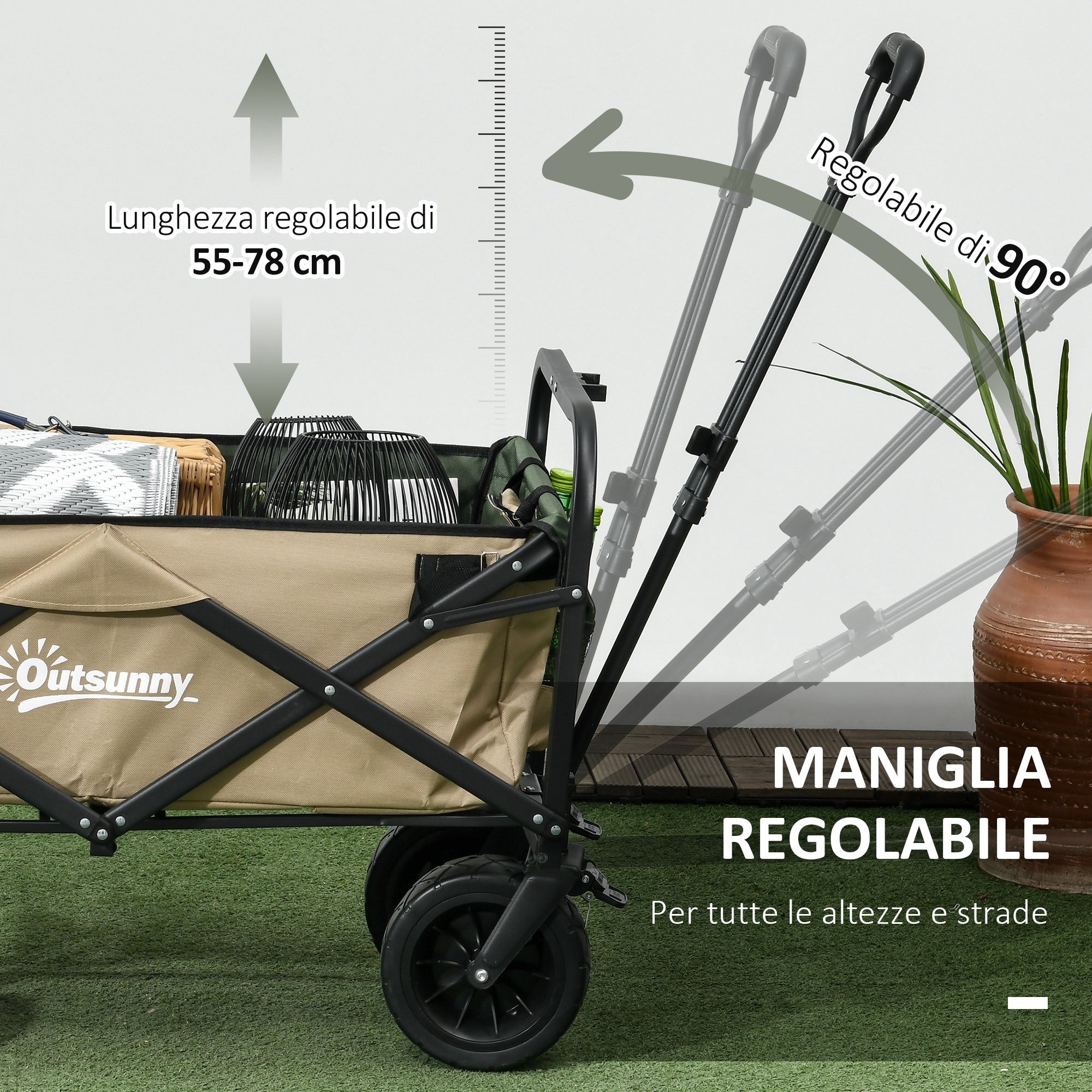 EasyComfort Carrello da Giardino 110L with Maniglia Telescopica e Fondo Apribile in Acciaio e Tessuto Oxford, Cachi