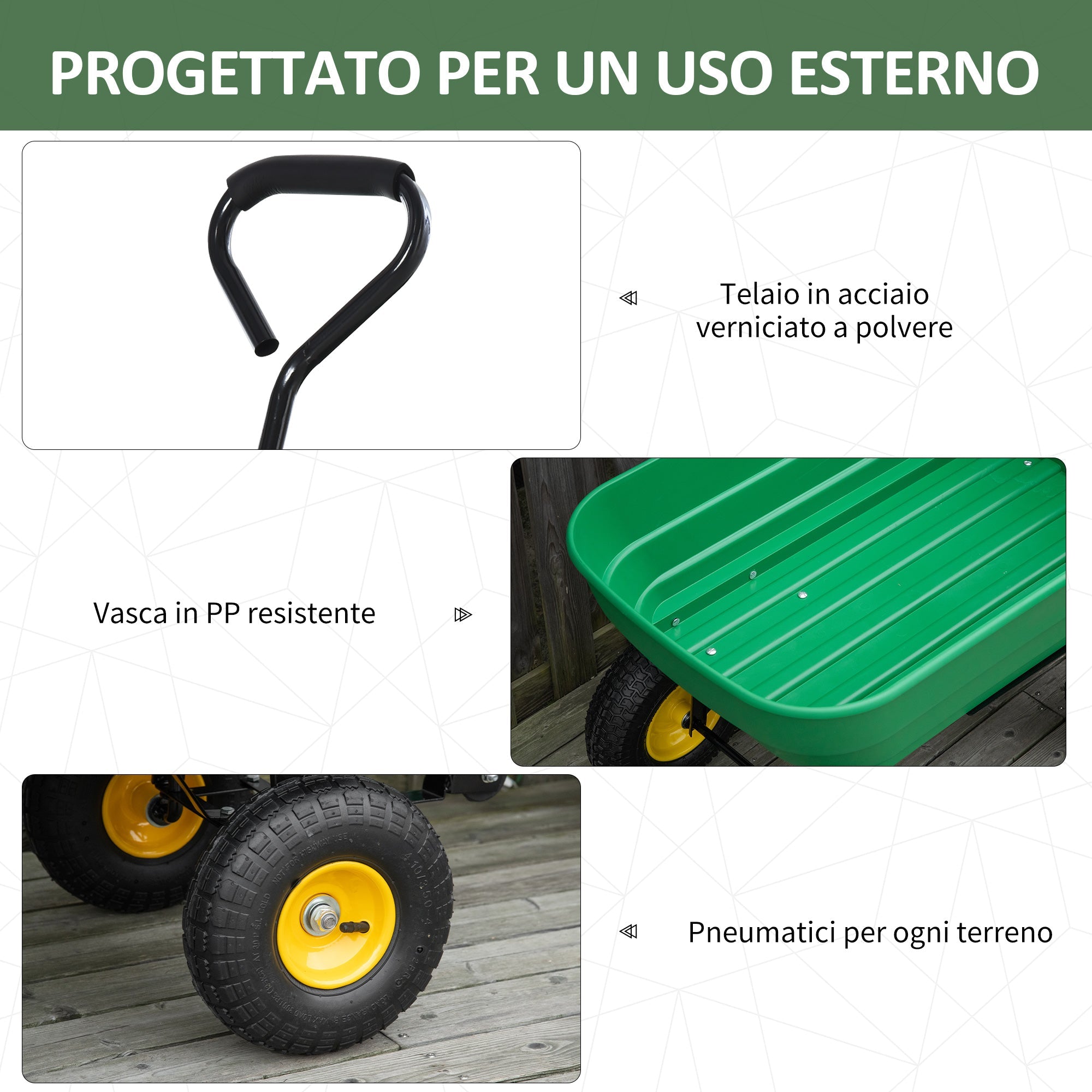 Easycomfort Carrello da Giardino 125L in Acciaio e PP with Vasca ribaltabile e Maniglia, 118x58x102 cm, Verde