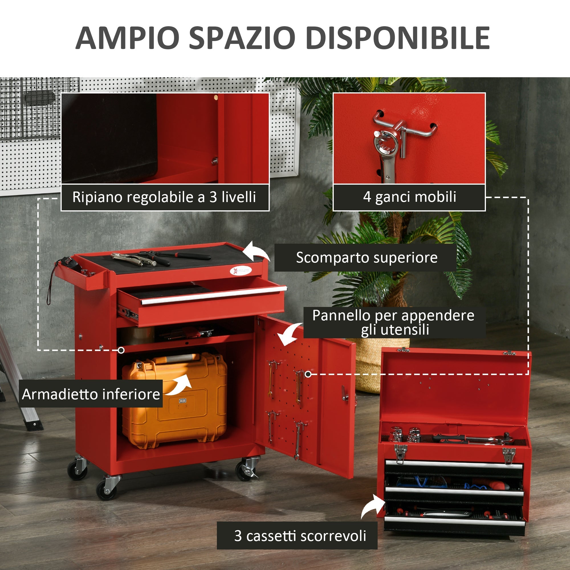 EasyComfort Carrello Porta Attrezzi 2 in 1 with Cassetta Rimovibile e Armadietto with Chiave in Acciaio, Rosso