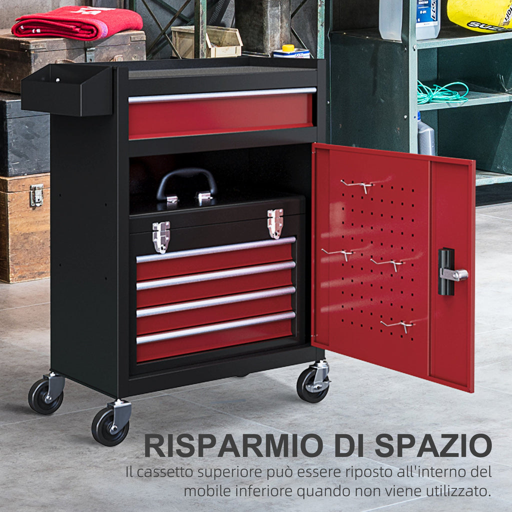 EasyComfort Carrello Porta Attrezzi 5 Cassetti, Cassetta Rimovibile e Armadietto con Chiave in Acciaio, Rosso