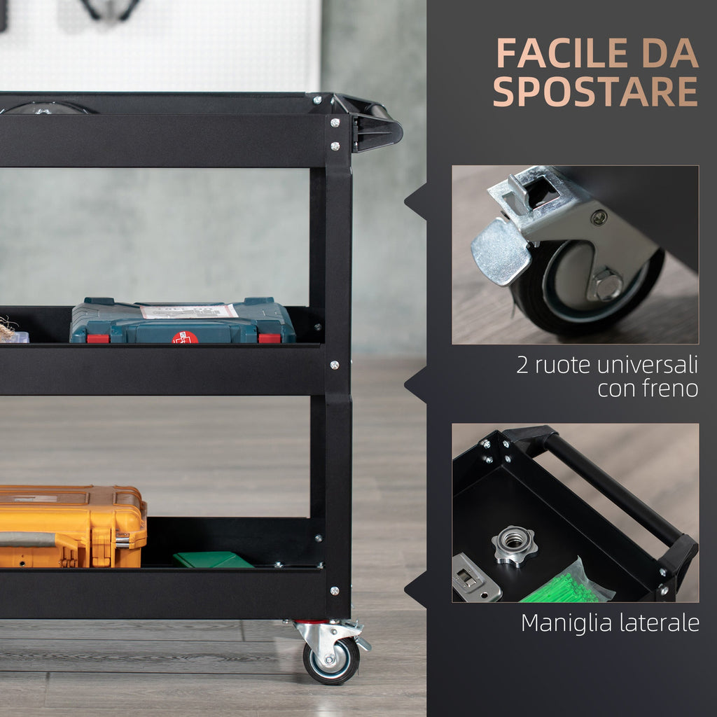 EasyComfort Carrello Porta Attrezzi a 3 Livelli in Acciaio con Bordi Alti e 4 Ruote Girevoli, 83x35.3x76 cm, Nero