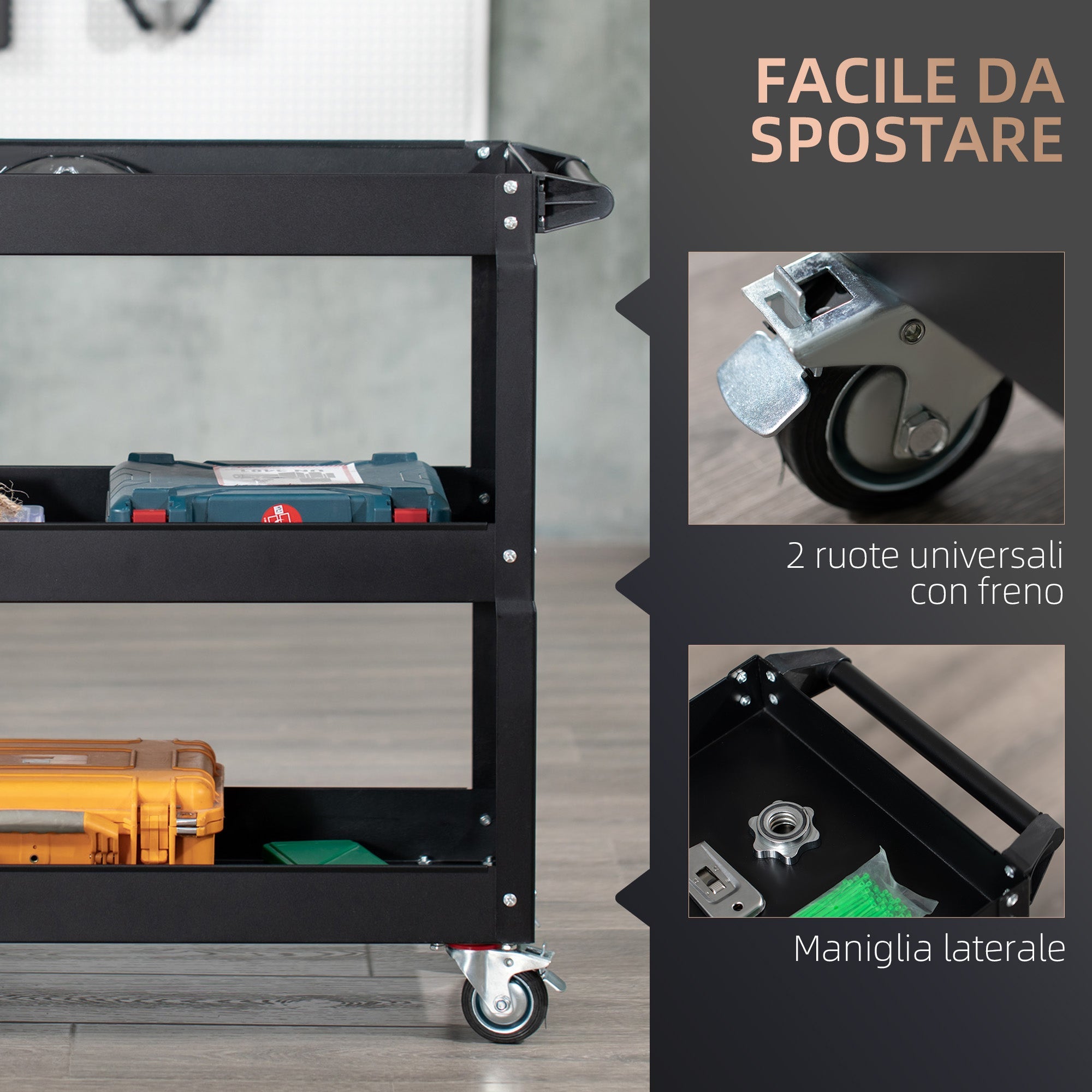 EasyComfort Carrello Porta Attrezzi a 3 Livelli in Acciaio con Bordi Alti e 4 Ruote Girevoli, 83x35.3x76 cm, Nero