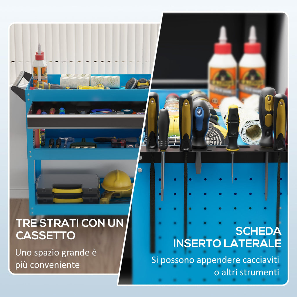 EasyComfort Carrello Porta Attrezzi con Manico Laterale, Cassetto e 3 Ripiani in Acciaio, 82x35x76 cm, Blu