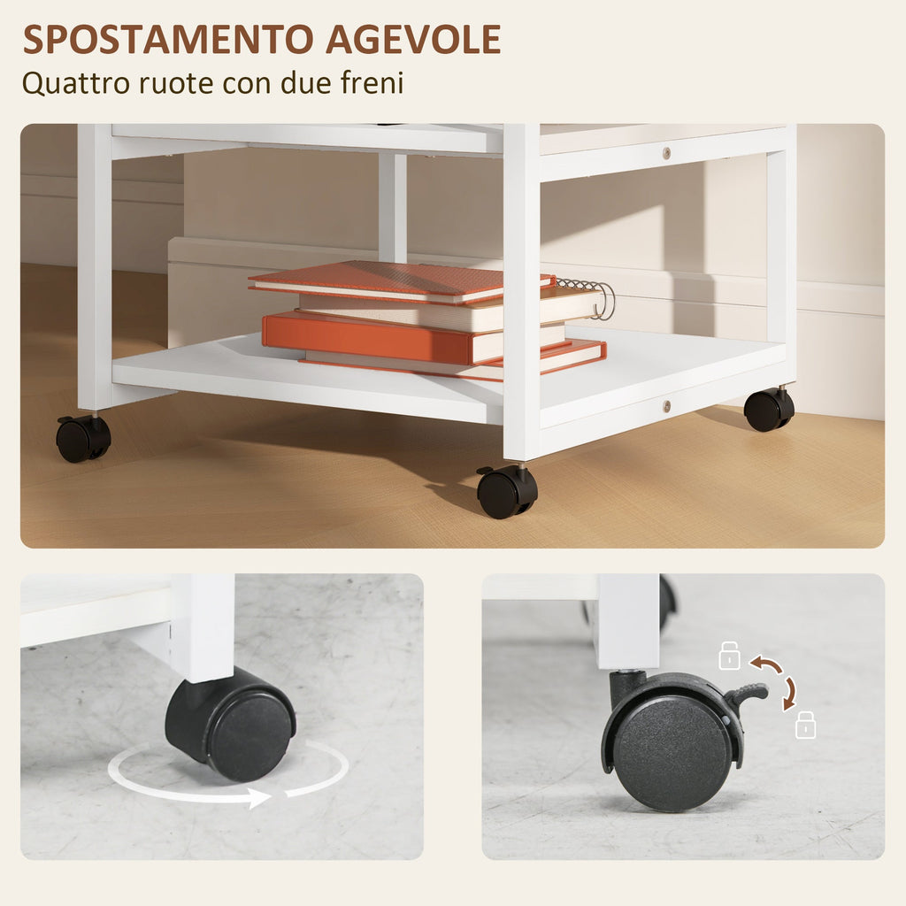EasyComfort Carrello salvaspazio Porta Stampante a 3 Ripiani, mobile da ufficio con 4 Ruote, Legno e Acciaio, 50x50x52.5cm, Bianco