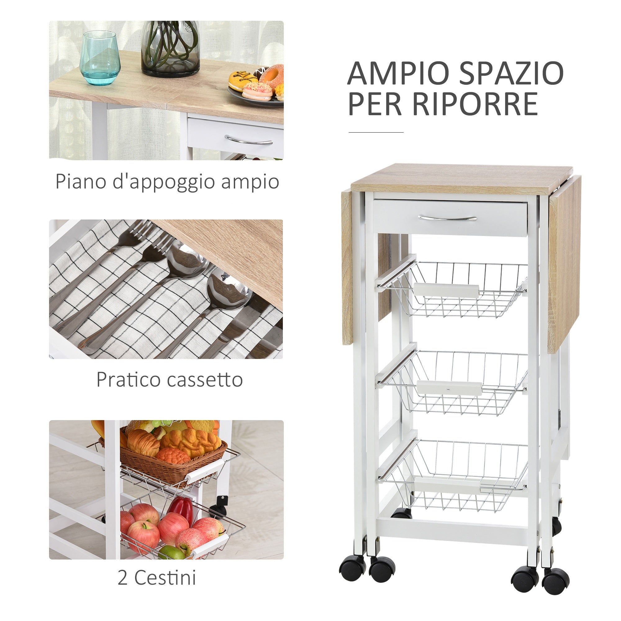 Easycomfort Carrello Portavivande Pieghevole a 6 Ruote with 3 Cestini, Cassetto e 2 Ribalte, Carrellino per Cucina in MDF e Metallo, 37x37x77.5 cm, white e Legno