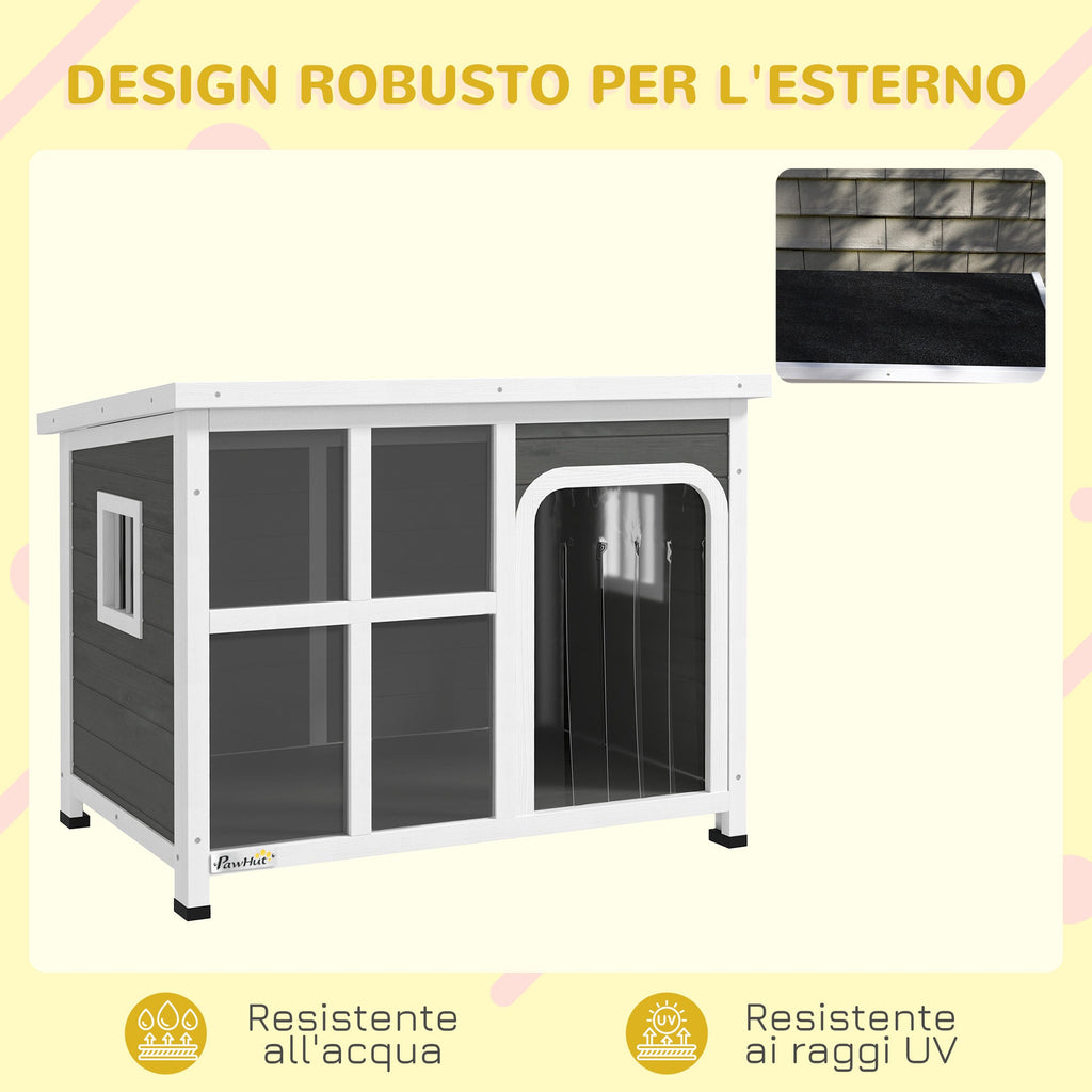 EasyComfort Casetta per Cani con Finestrelle e Ingresso a Tenda, in Legno di Abete, 90x62x71 cm, Grigio Chiaro