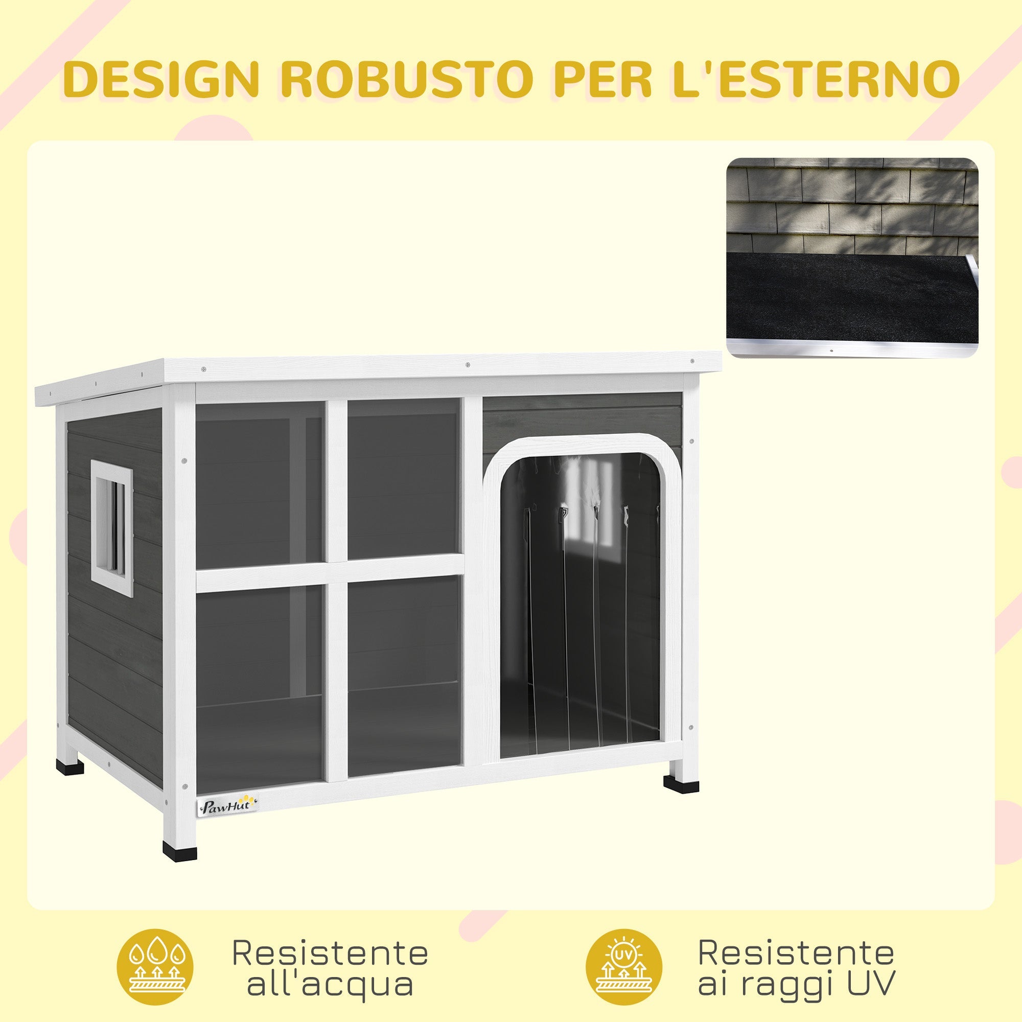 EasyComfort Casetta per Cani con Finestrelle e Ingresso a Tenda, in Legno di Abete, 90x62x71 cm, Grigio Chiaro