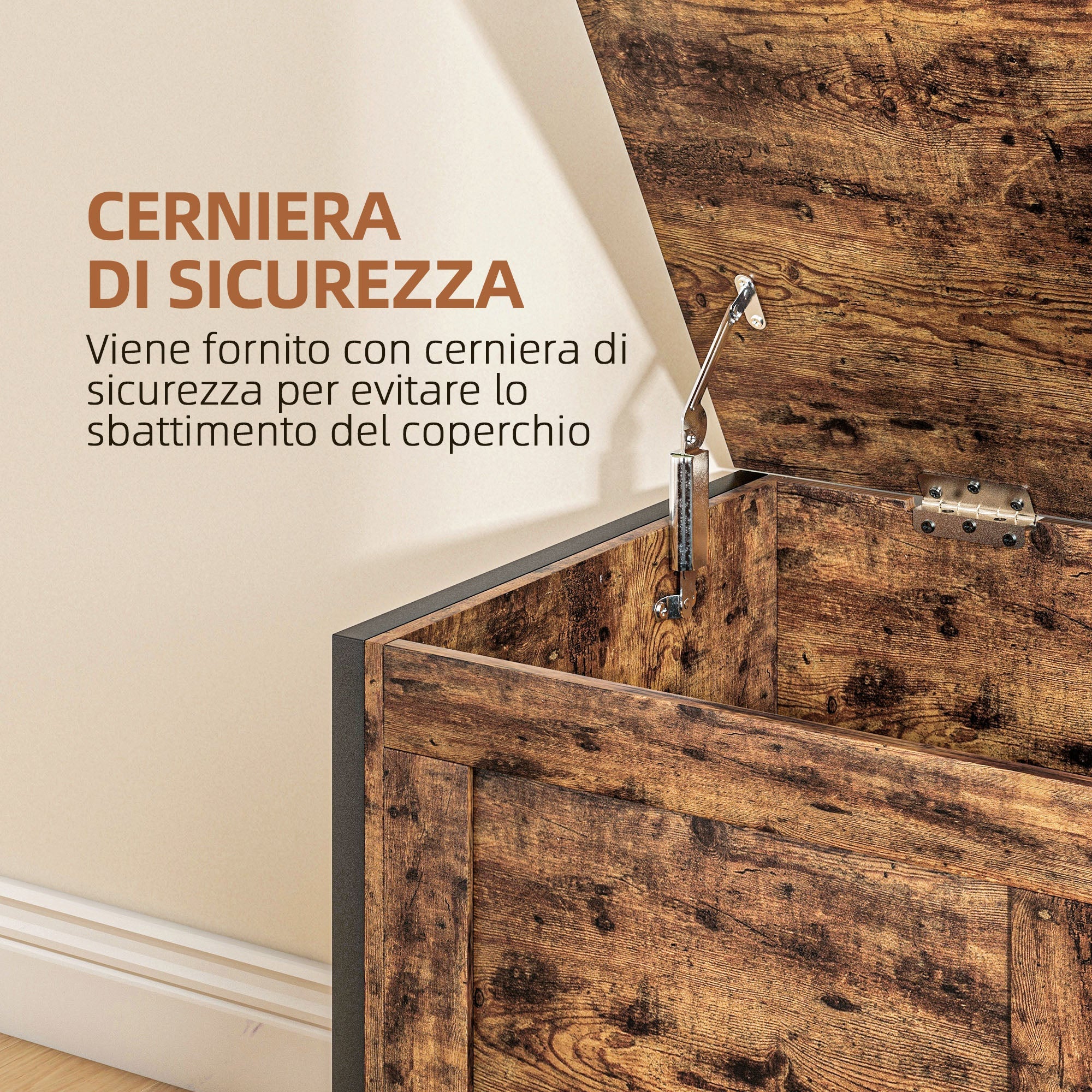 EasyComfort Cassapanca in Legno da 95L Stile Industriale with Coperchio e Cerniera di Sicurezza, 80x40x49cm, Marrone