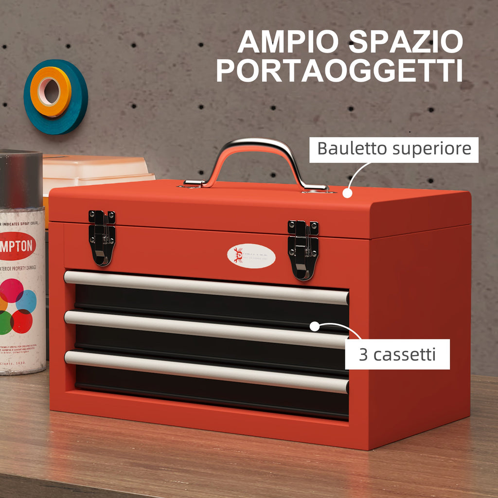 EasyComfort Cassetta Porta Attrezzi con 3 Cassetti e Vano Superiore in Acciaio con Maniglia, 45x24x27cm, Rosso