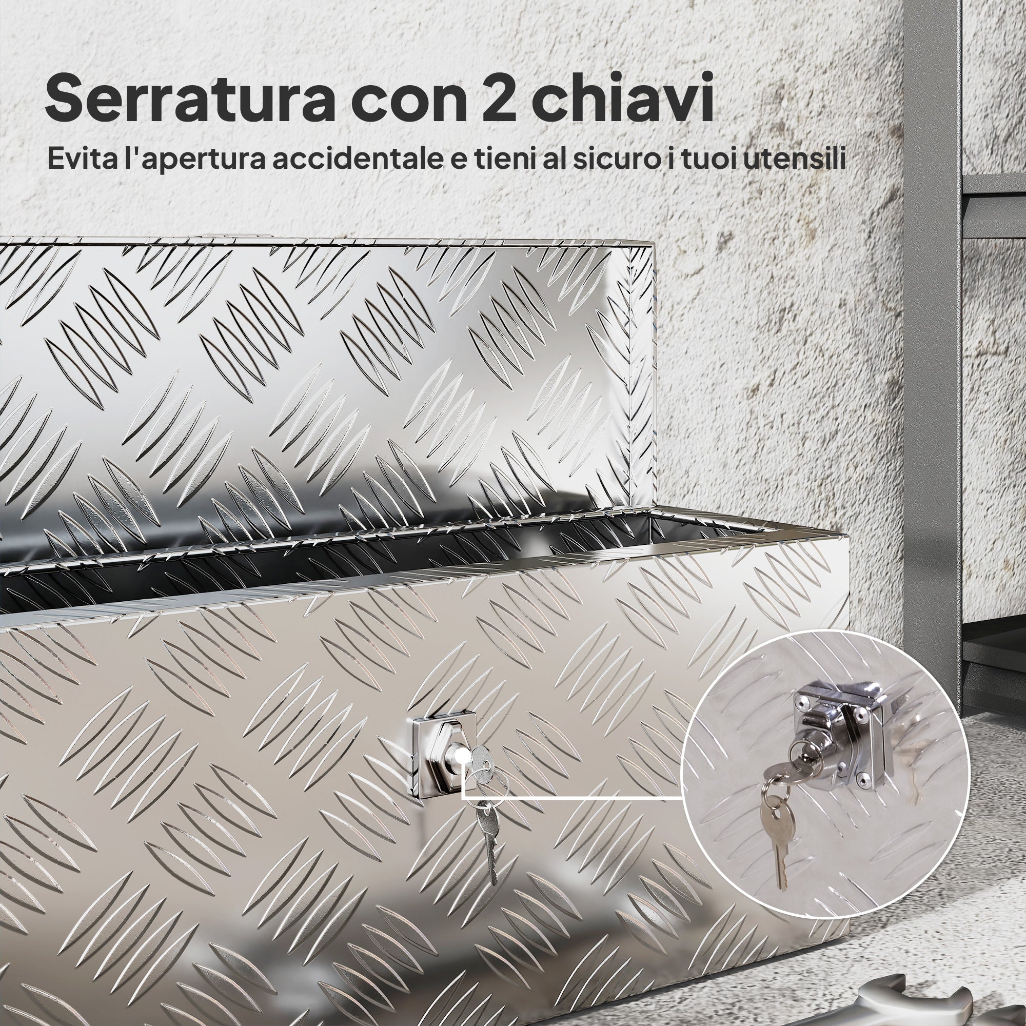 EasyComfort Cassetta Portautensili da 2 kg con Chiusura a Chiave, in Lamiera di Alluminio, 50x15.5x20.5 cm, Argento
