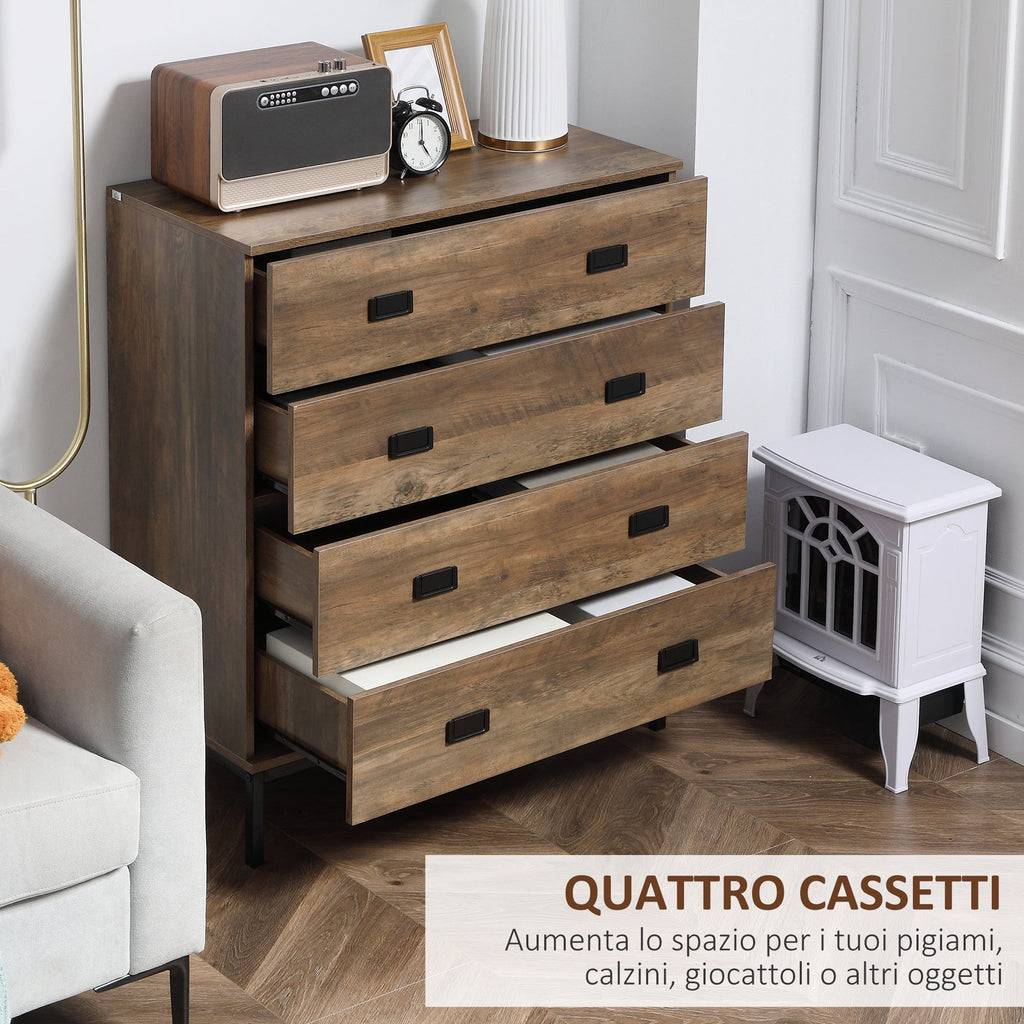 Easycomfort Cassettiera 4 Cassetti in Truciolato e Metallo per Soggiorno e Camera da Letto, 80x39x95 cm, Marrone