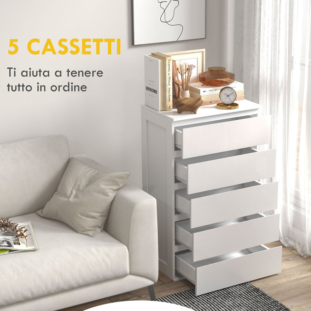 EasyComfort Cassettiera 5 Cassetti in Legno with Maniglie Scanalate, 60x38x100cm, white