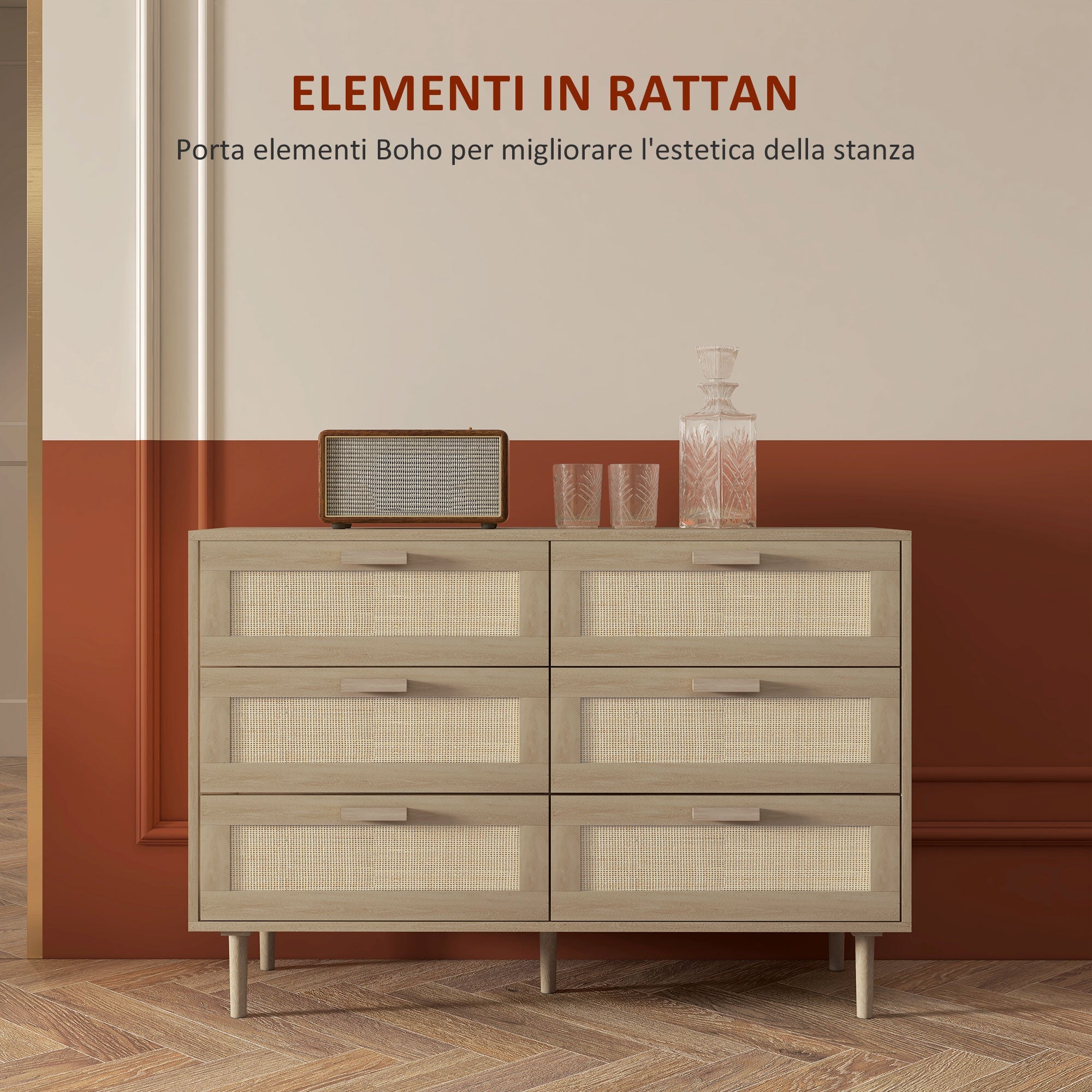 EasyComfort Cassettiera 6 Cassetti in Legno e Rattan Stile Boho per Soggiorno e Camera da Letto, 110x40x75 cm