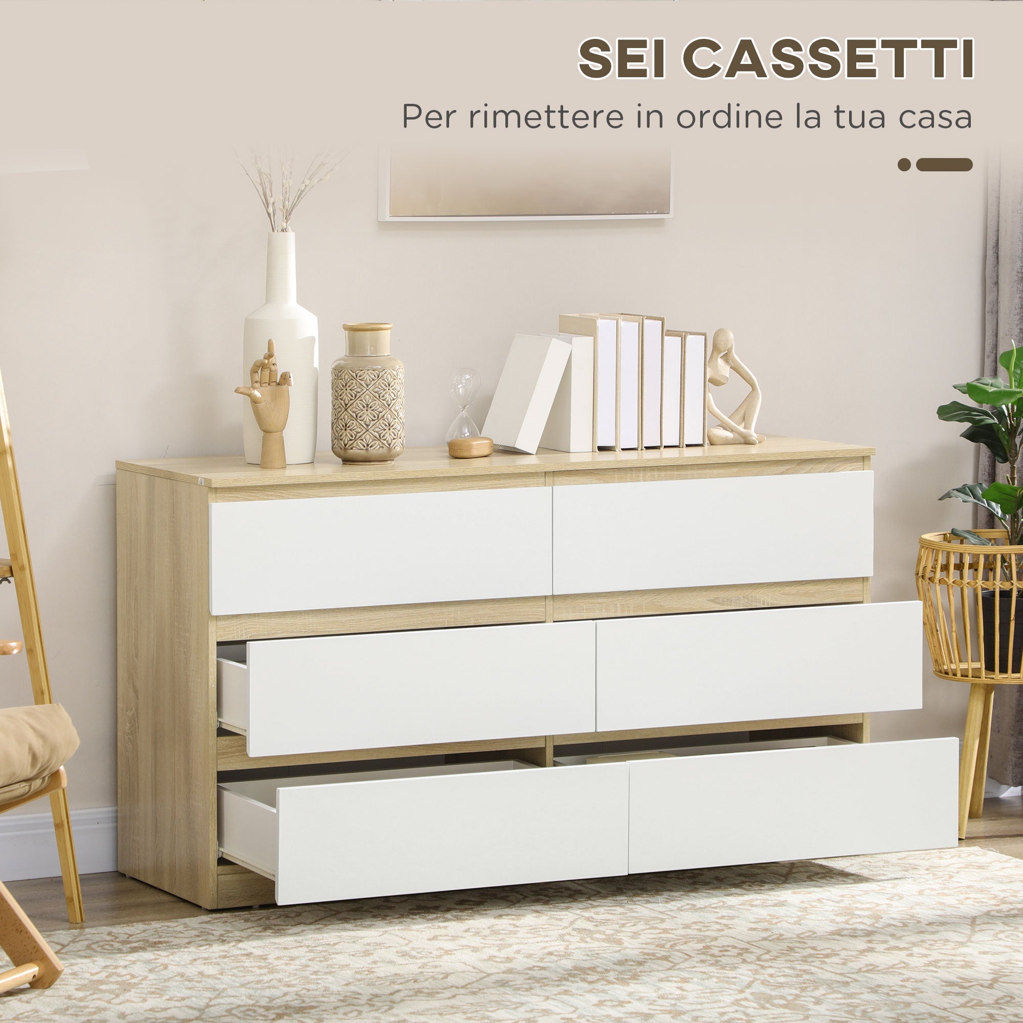 Easycomfort Cassettiera 6 Cassetti Moderna in Legno, 135x48x77cm, white e Colore Legno