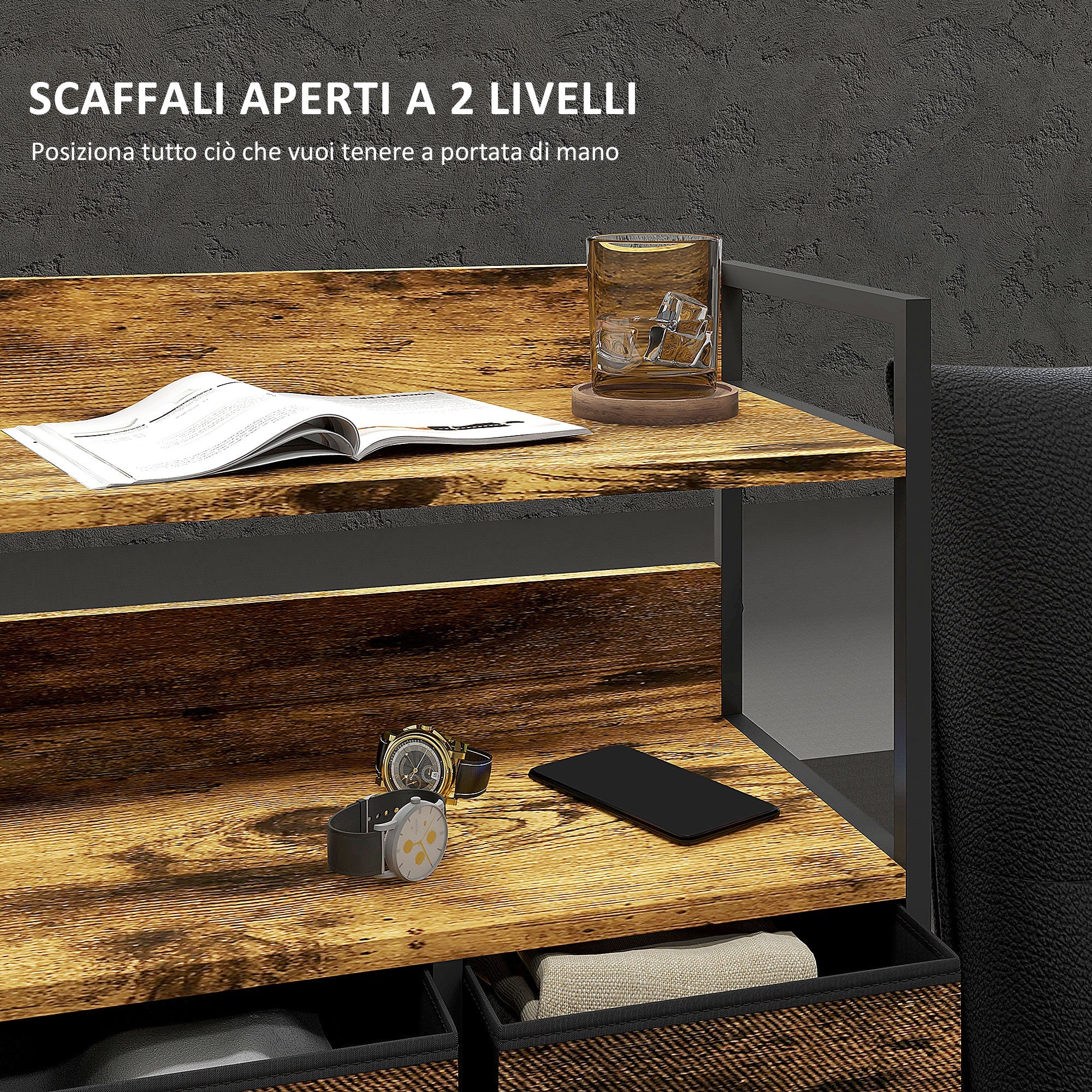 EasyComfort Cassettiera 7 Cassetti Rimovibili with 2 Ripiani Industriale in Legno e Acciaio, 79x29x101 cm, Marrone e black