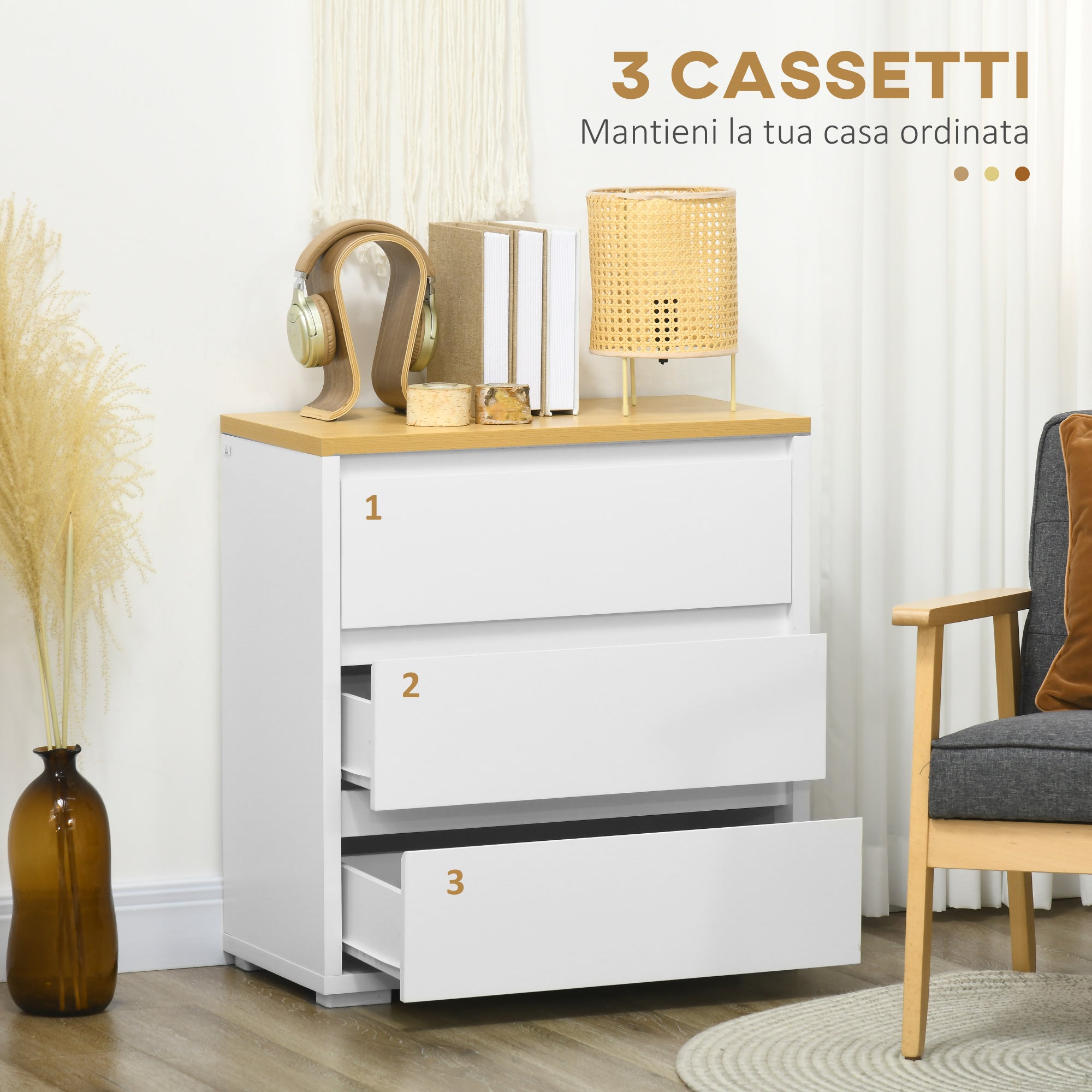 Easycomfort Cassettiera a 3 Cassetti in Truciolato white per Camera da Letto, Studio e Soggiorno, 70Lx37x75cm