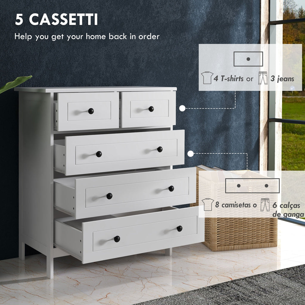 EasyComfort Cassettiera with 5 Cassetti in Legno Salvaspazio e Antiribaltamento, 74x40x91cm, white