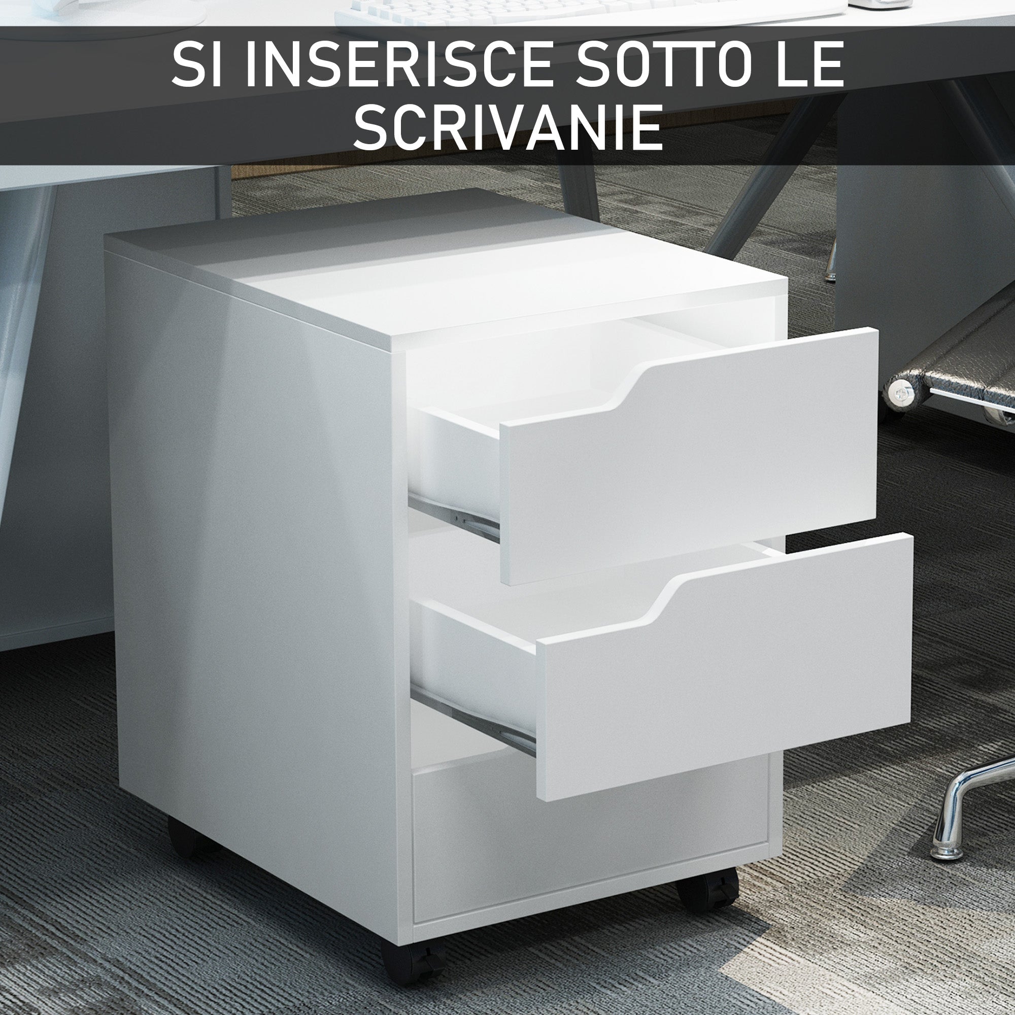 EasyComfort Cassettiera da Ufficio a 3 Cassetti with Maniglie a Scomparsa, in Legno e Metallo, 40x50x57.5 cm, white