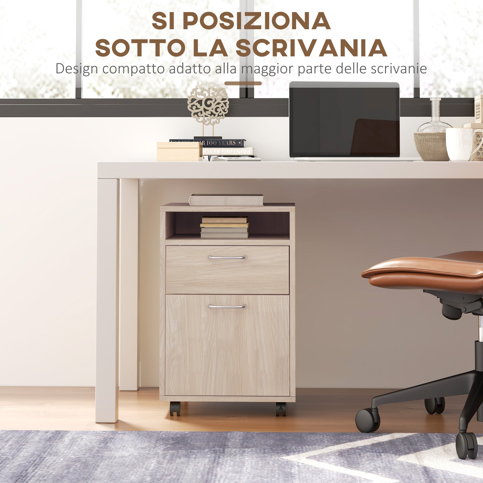 EasyComfort Cassettiera da Ufficio Portadocumenti with Ripiano Aperto e 2 Cassetti, in Legno e Metallo, 40x35x60 cm, Rovere