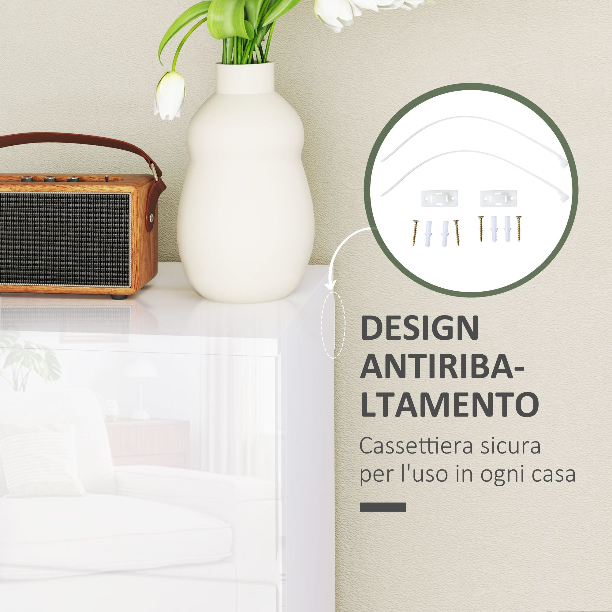 EasyComfort 5-ladenkast modern met anti-kantel, 55x33x100 cm, hoogglans wit