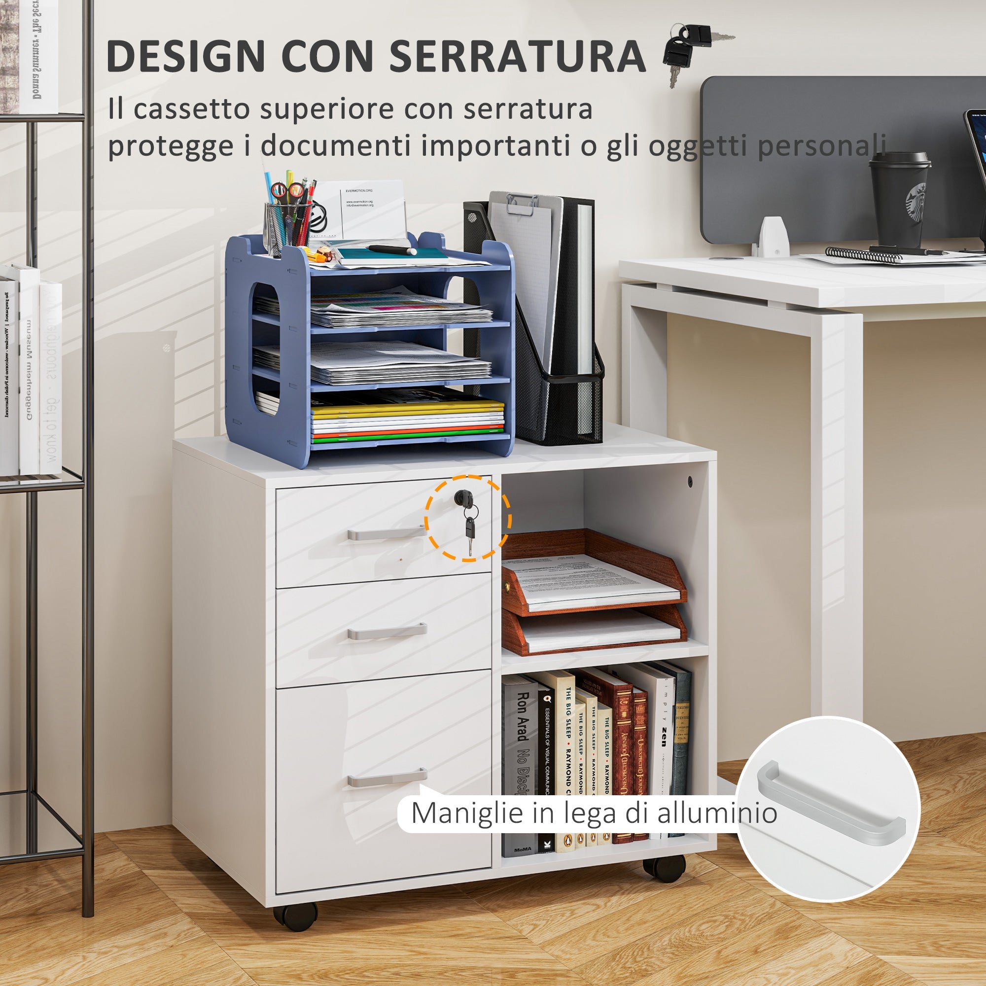 EasyComfort Ladekast 3 lades met slot en wielen 60x40x56 cm wit