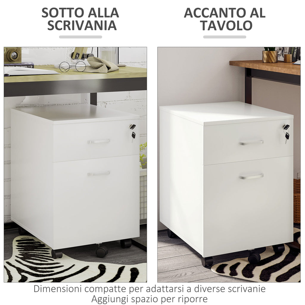 EasyComfort Cassettiera Ufficio a 2 Cassetti con Serratura e 5 Ruote, in Truciolato, 40x49x58 cm, Bianco
