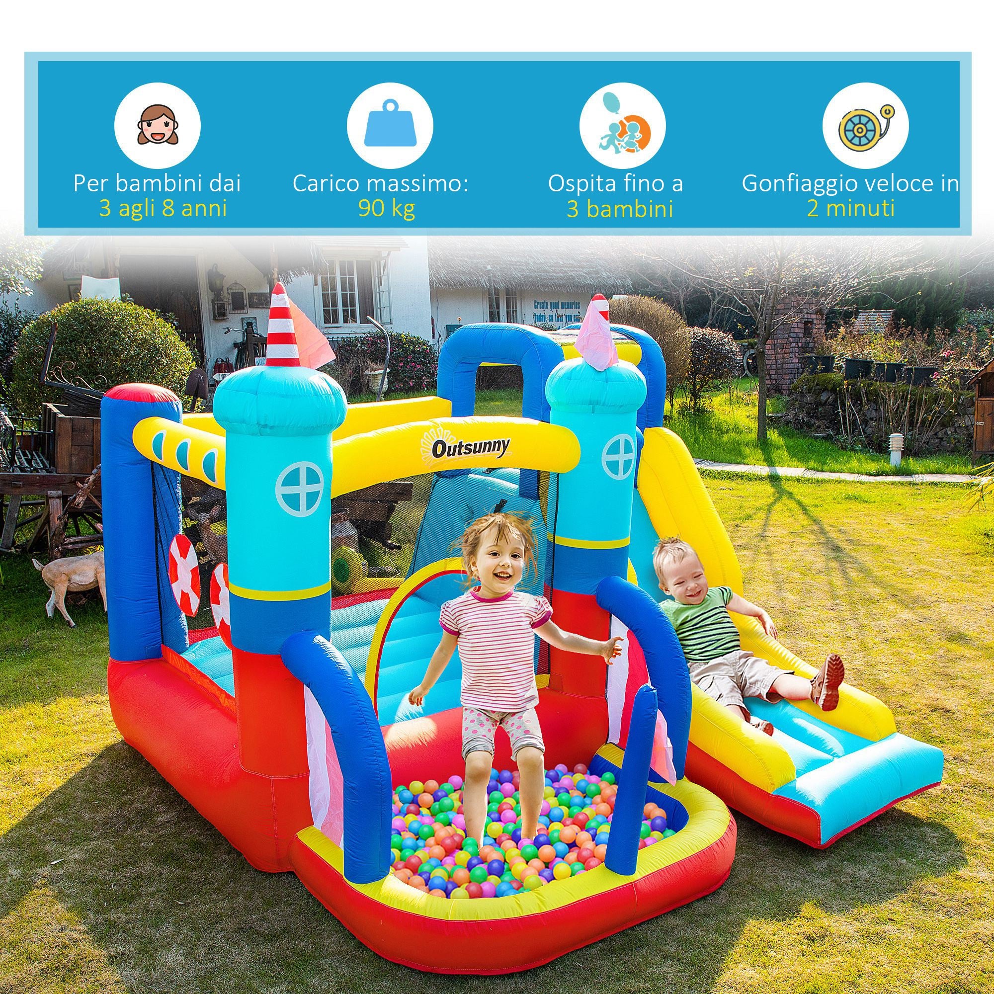 EASYCOMFORT Inflatable Castle 4 in 1 for Children 3-8 Years, Slide and Pool, 265x260x200cm