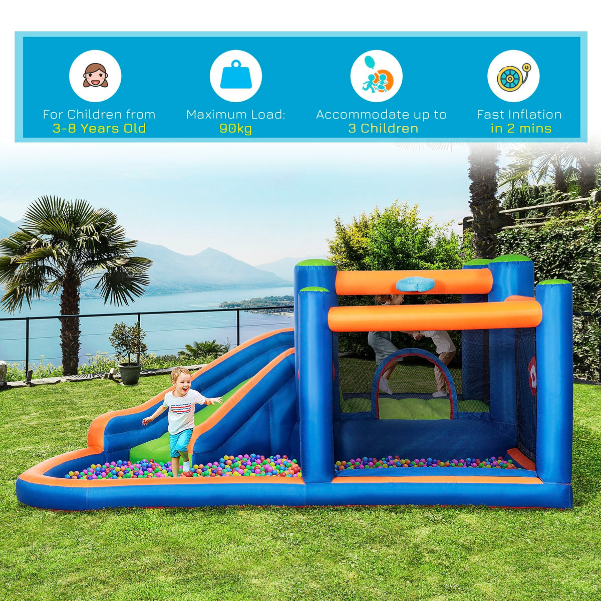 Easycomfort Castello opblaasbaar speelkasteel 3–8 jaar met glijbaan, trampoline en zwembad 380x340x170 cm