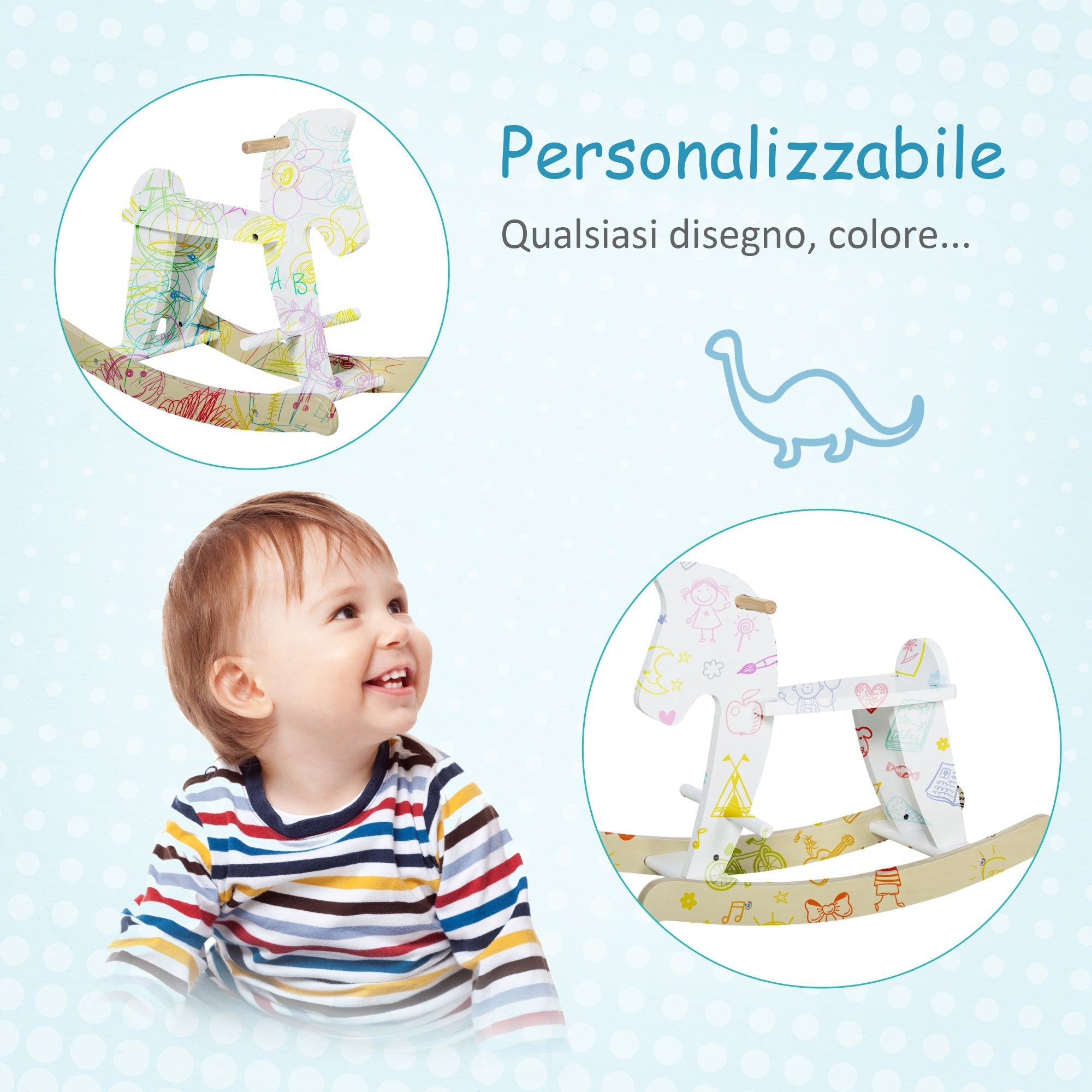 Easycomfort Cavallo a Dondolo Bambini da 1-3 Anni in Legno with Maniglie e Poggiapiedi, 68x26.5x48 cm, white