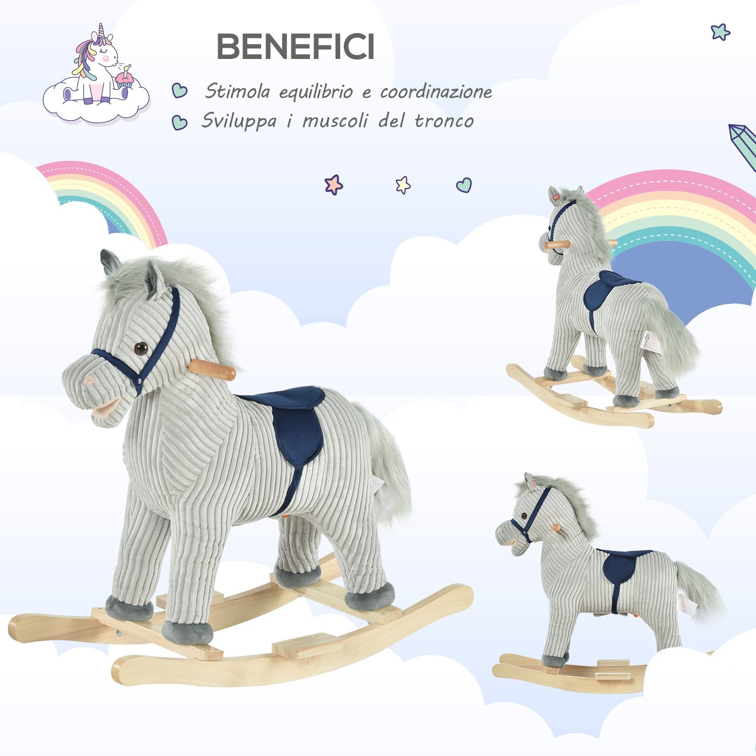 EasyComfort Cavallo schommelpaard voor kinderen 3–6 jaar, met geluid, 73x35x64 cm
