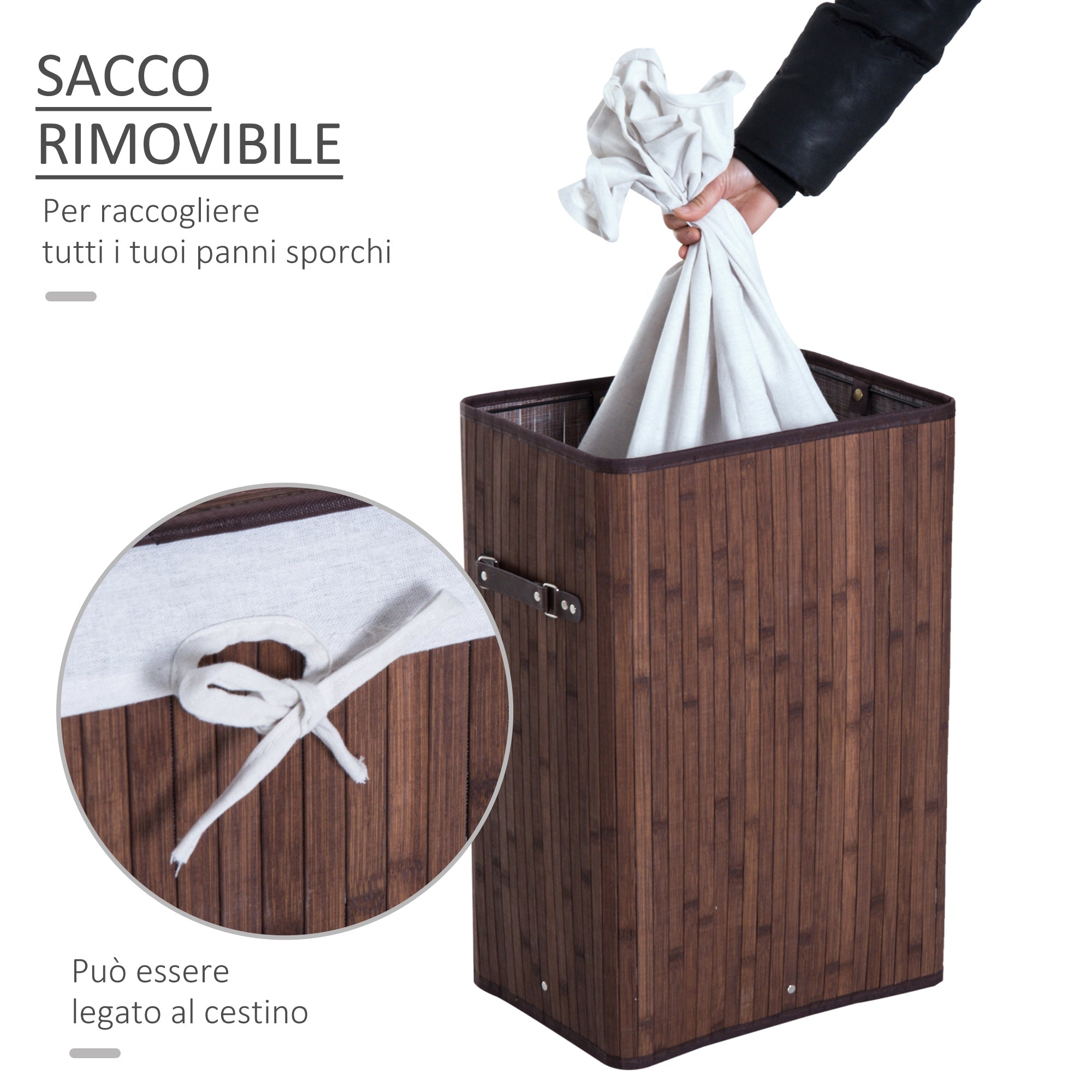 Easycomfort Cesto Portabiancheria in Bambù with Coperchio e Sacco in Tessuto Rimovibile, 40x30x60cm, Marrone