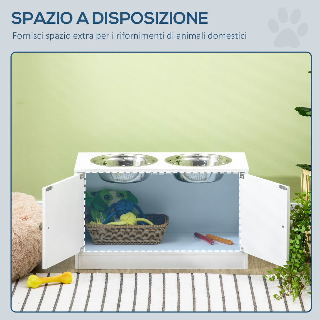 EasyComfort Ciotole per Cani Rialzate con Armadietto da 44L e 2 Ciotole in Acciaio, 60x30x35.5cm, Bianco