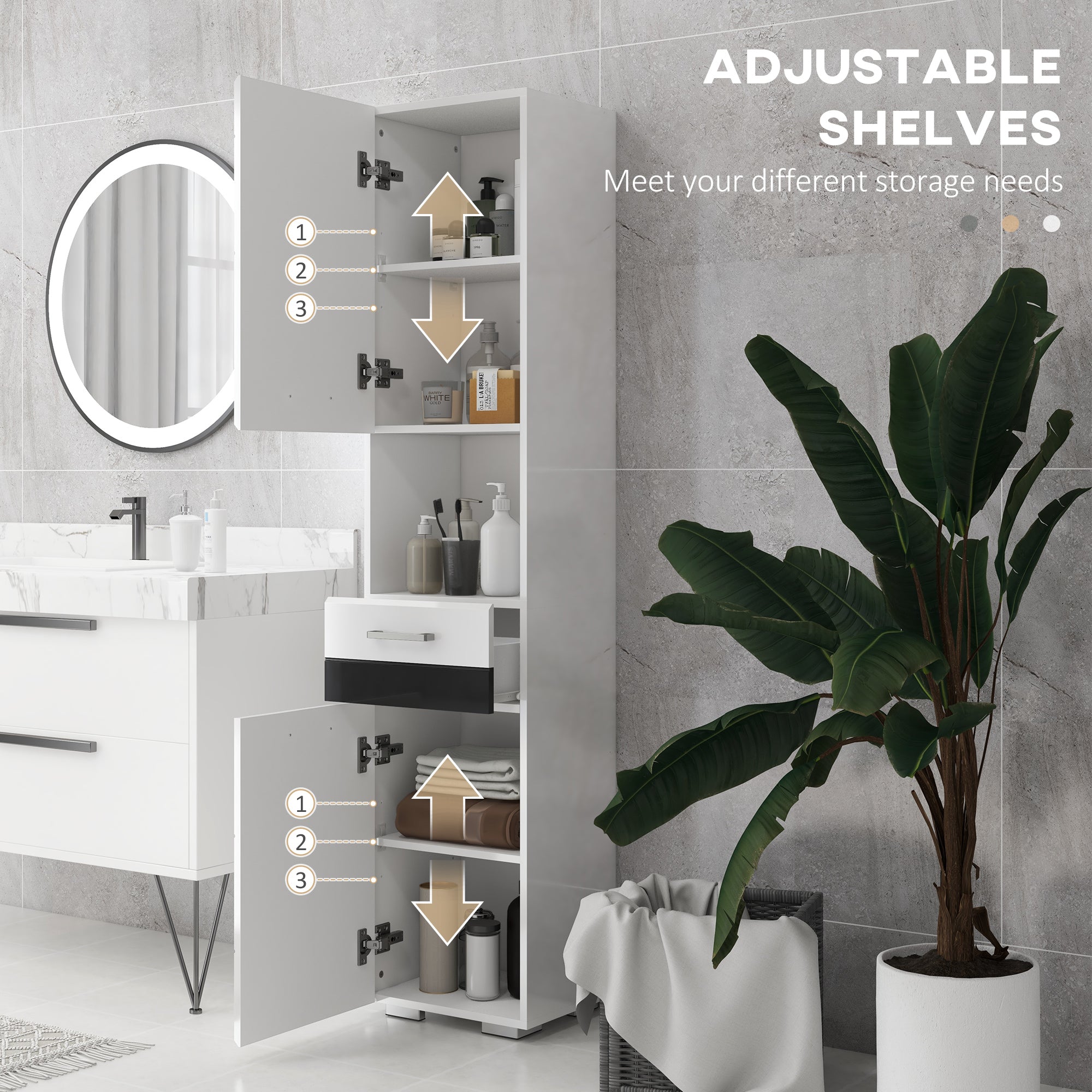 Easycomfort Colonna Bagno in MDF with Ripiano Aperto, Cassetto e Armadietto Chiuso, 37x32.5x170 cm, white
