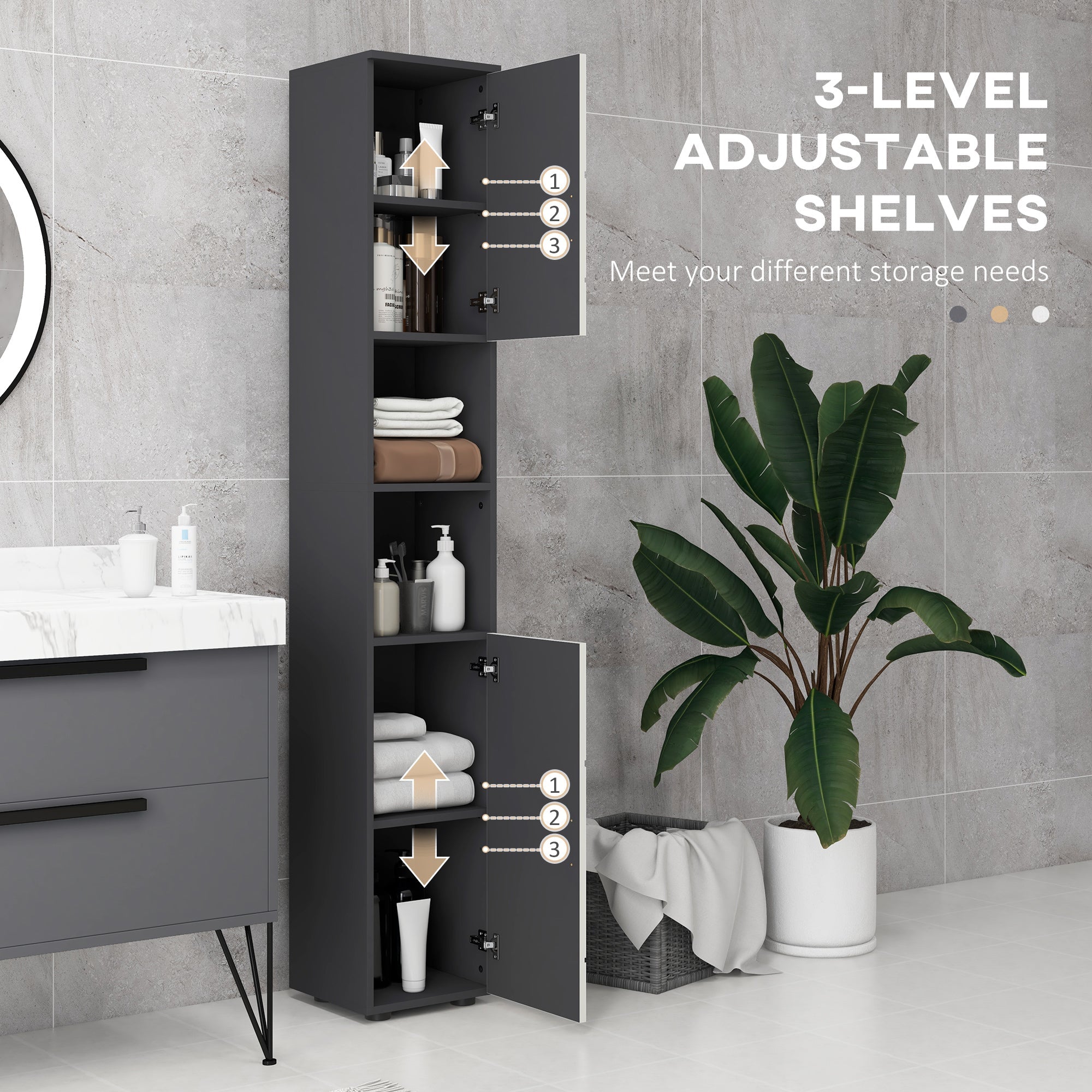 Easycomfort Colonna Bagno in Truciolato with 2 Ripiani Aperti e 2 Armadietti a 2 Livelli, 30x30x183 cm, Grigio